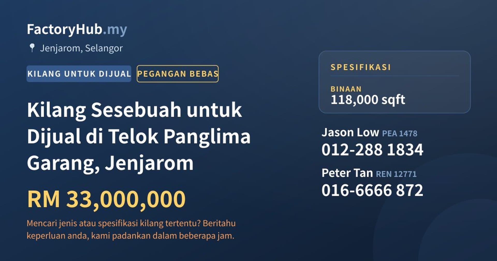 Kilang Sesebuah untuk Dijual di Telok Panglima Garang, Jenjarom · Imej hartanah 1/2