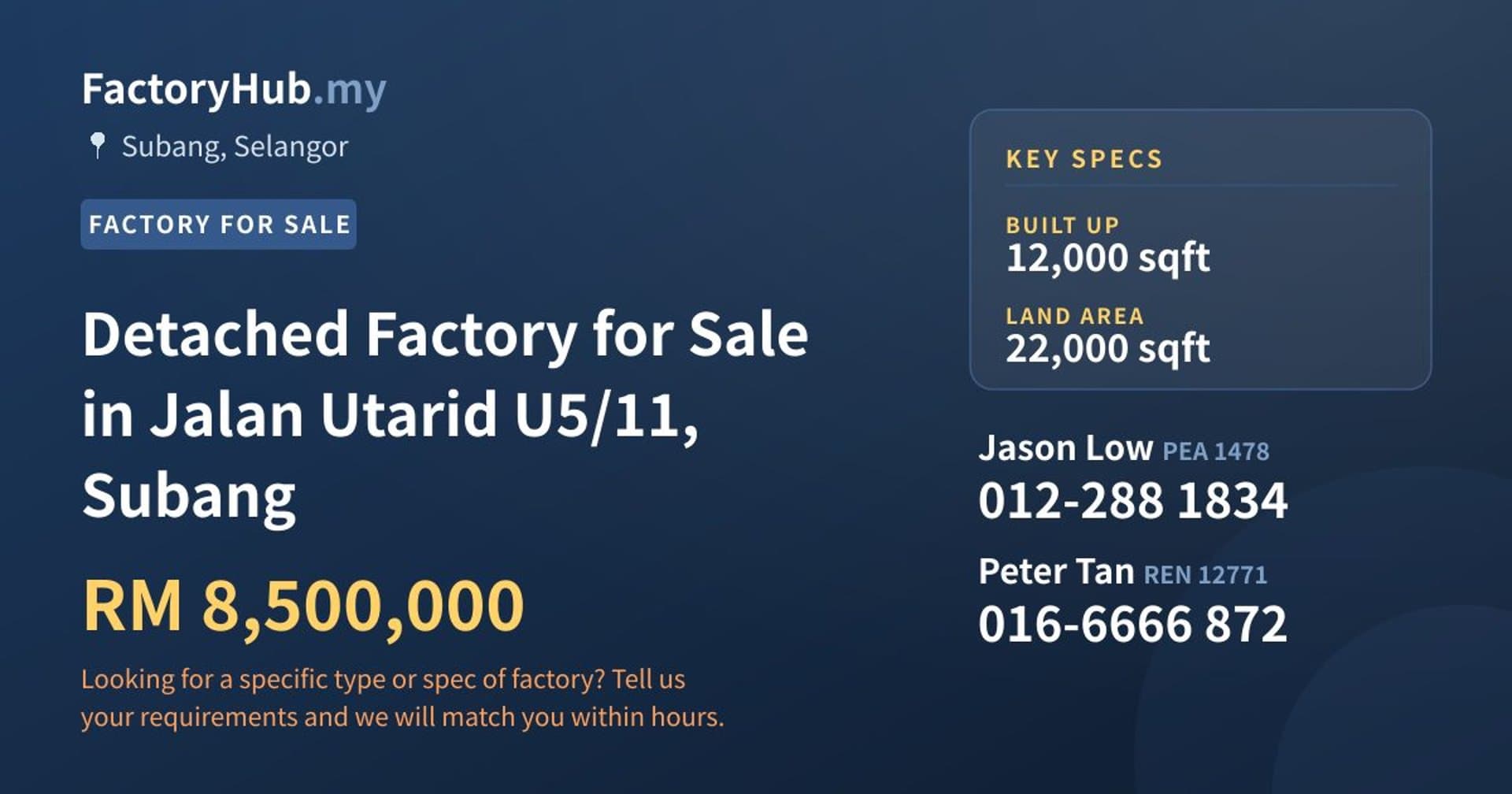 Detached Factory for Sale in Jalan Utarid U5/11, Subang - Property image 1 of 2