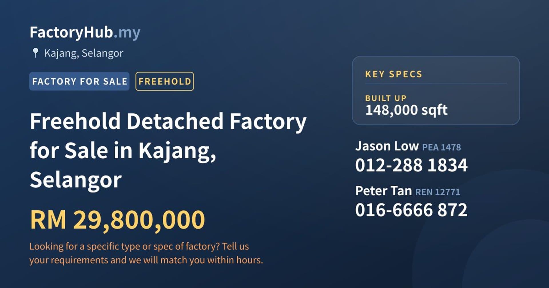 Freehold Detached Factory for Sale in Kajang, Selangor - Property image 1 of 2