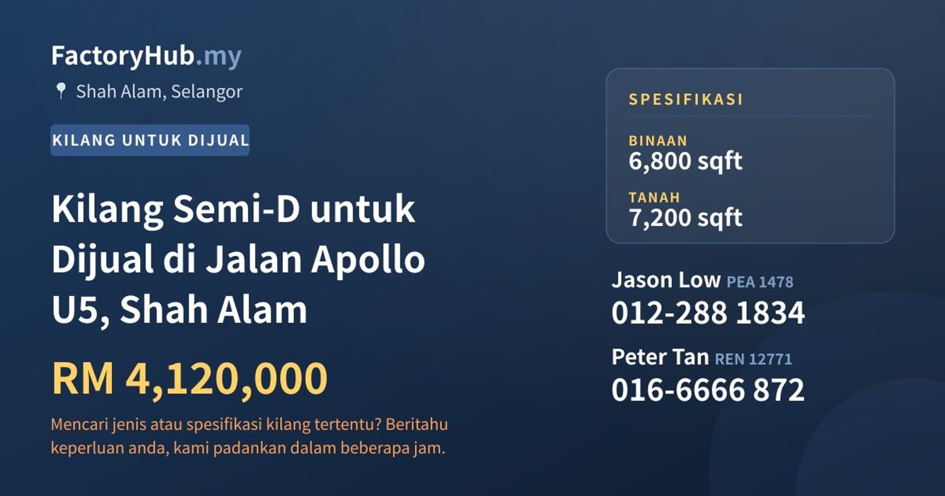 Kilang Semi-D untuk Dijual di Jalan Apollo U5, Shah Alam · Imej hartanah 1/2