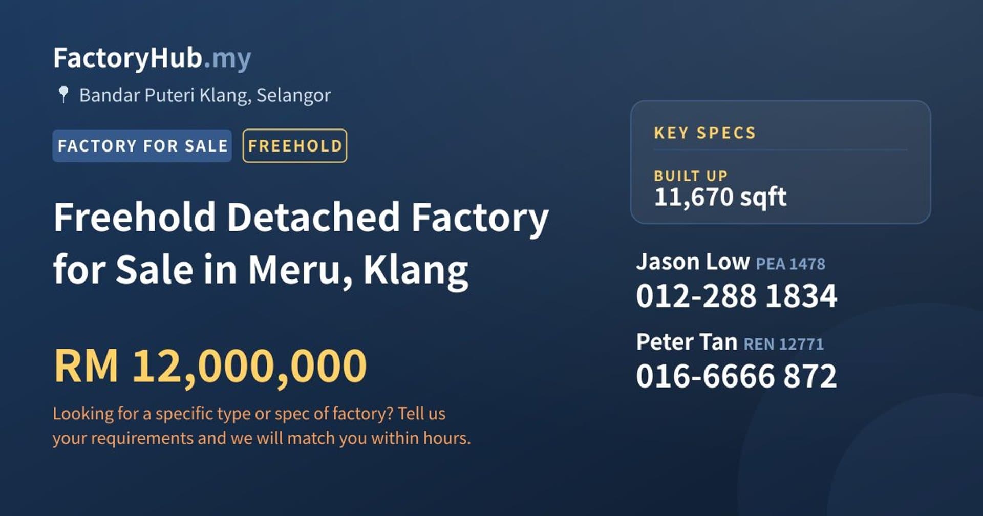 Freehold Detached Factory for Sale in Meru, Klang - Property image 1 of 2