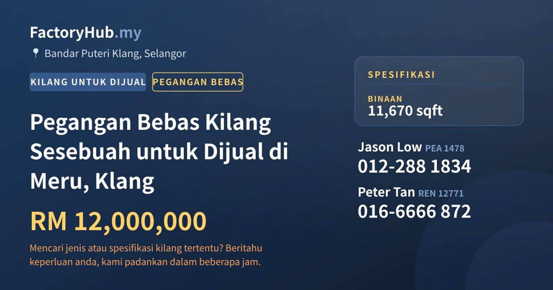 Pegangan Bebas Kilang Sesebuah untuk Dijual di Meru, Klang · Imej hartanah 1/2