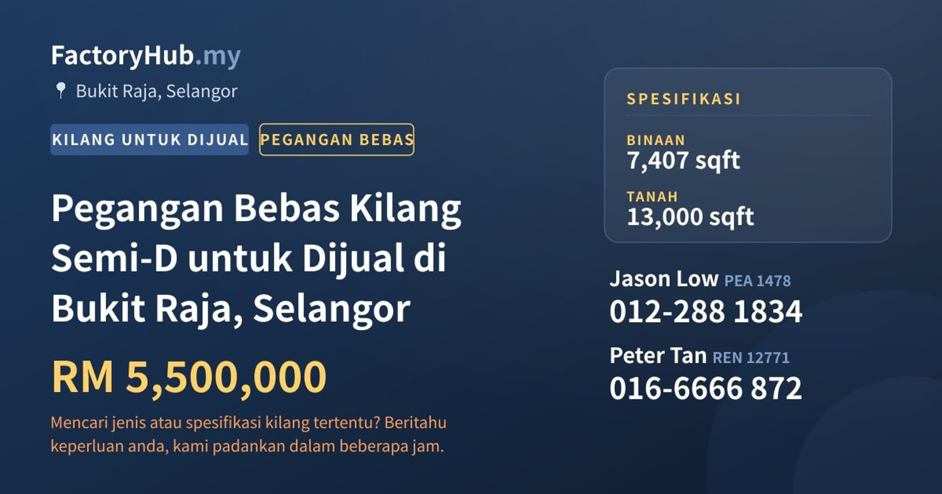 Pegangan Bebas Kilang Semi-D untuk Dijual di Bukit Raja, Selangor · Imej hartanah 1/2