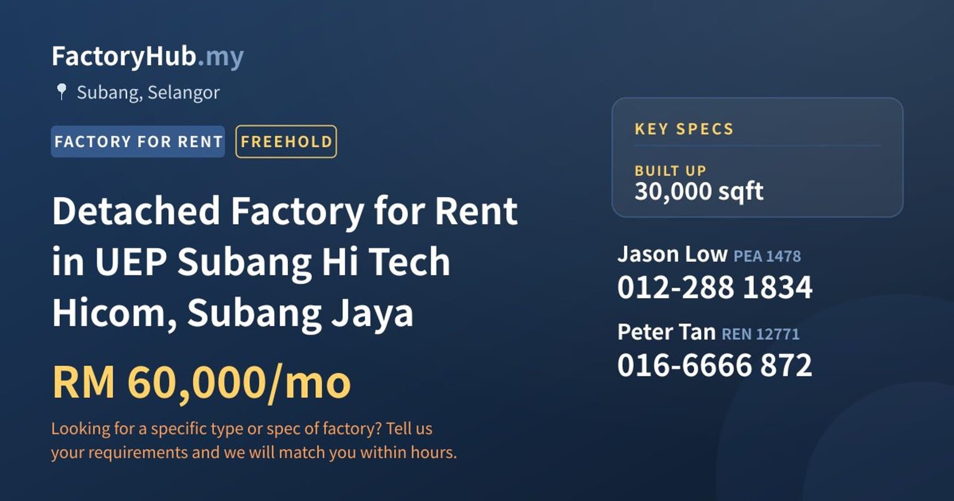 Detached Factory for Rent in UEP Subang Hi Tech Hicom, Subang Jaya - Property image 1 of 2