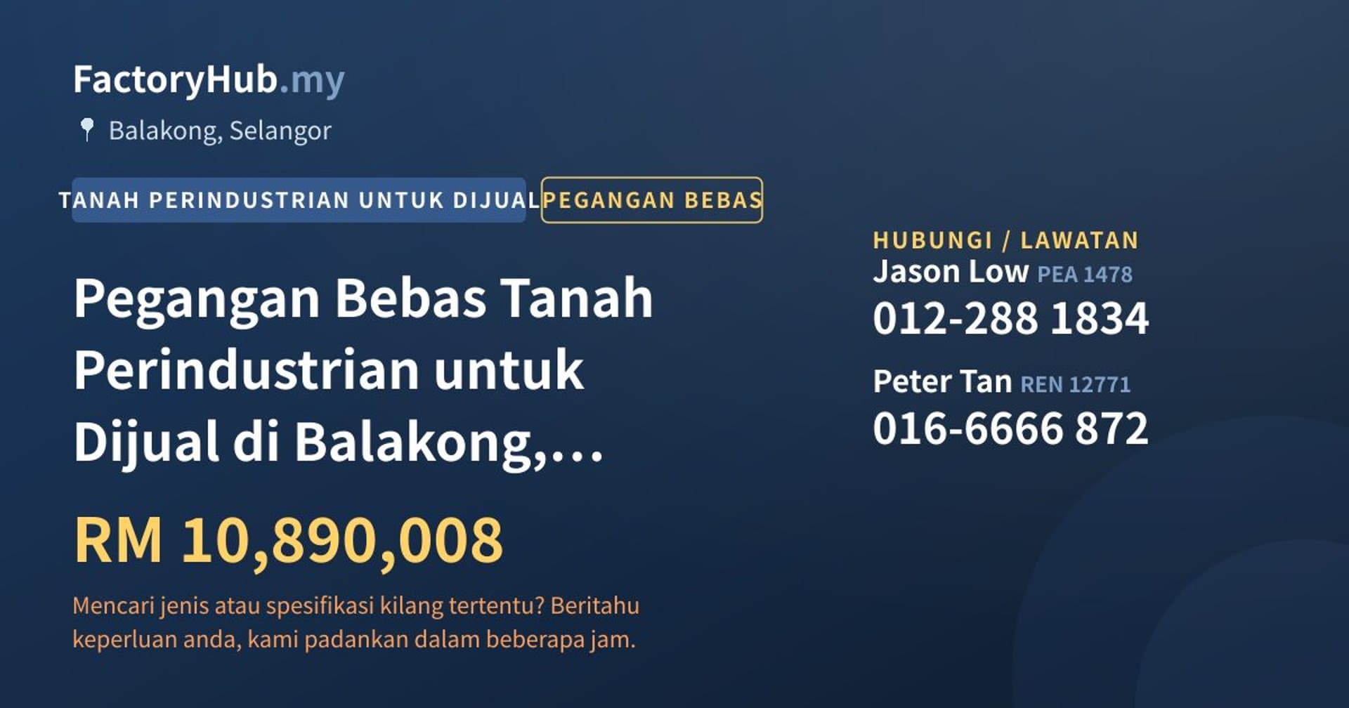 Pegangan Bebas Tanah Perindustrian untuk Dijual di Balakong, Selangor · Imej hartanah 1/2