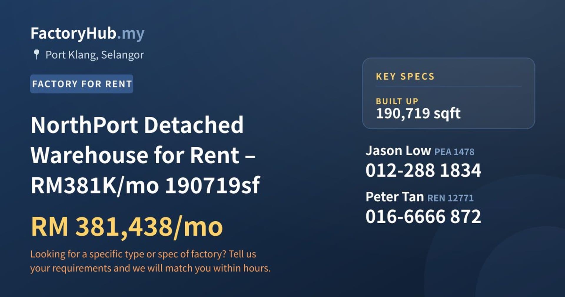 NorthPort Detached Warehouse for Rent – RM381K/mo 190719sf - Property image 1 of 5