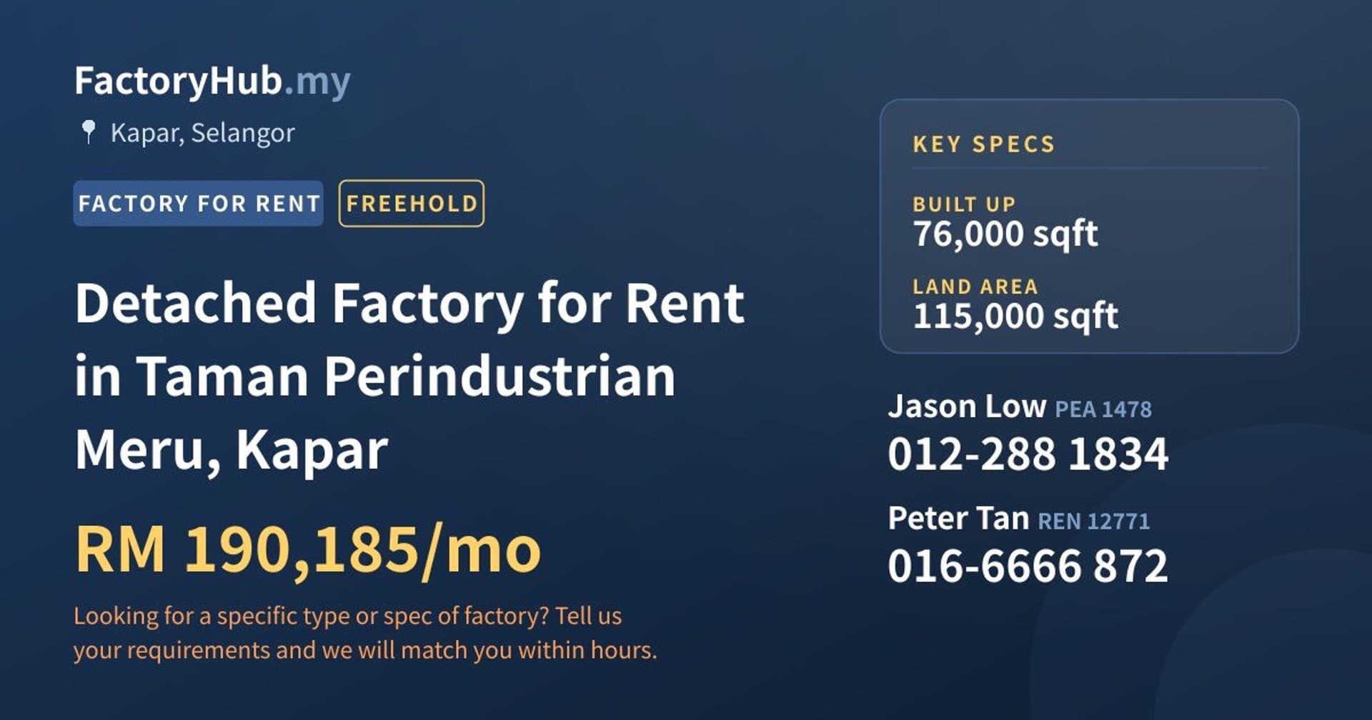 Detached Factory for Rent in Taman Perindustrian Meru, Kapar - Property image 1 of 2