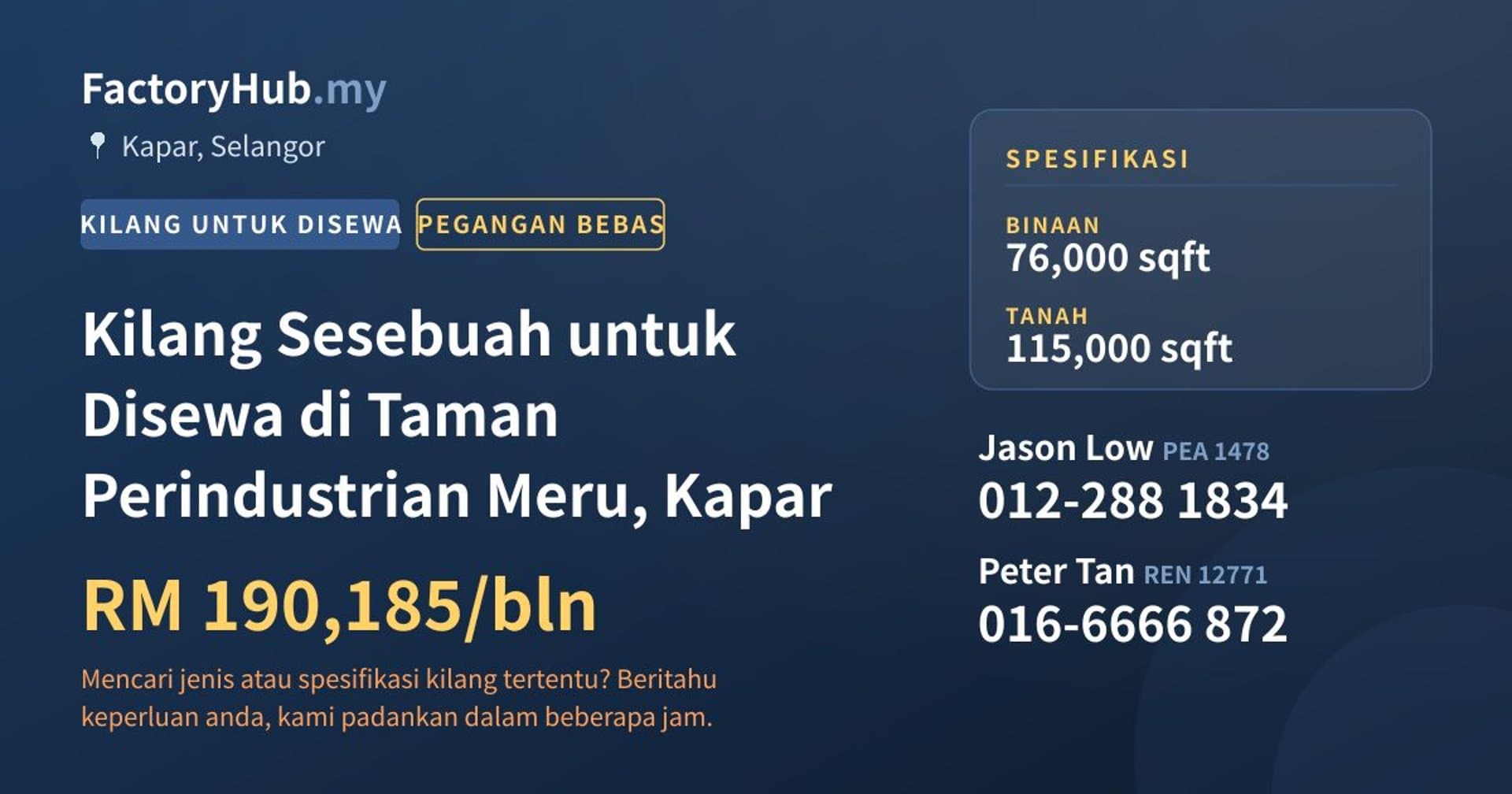 Kilang Sesebuah untuk Disewa di Taman Perindustrian Meru, Kapar · Imej hartanah 1/2