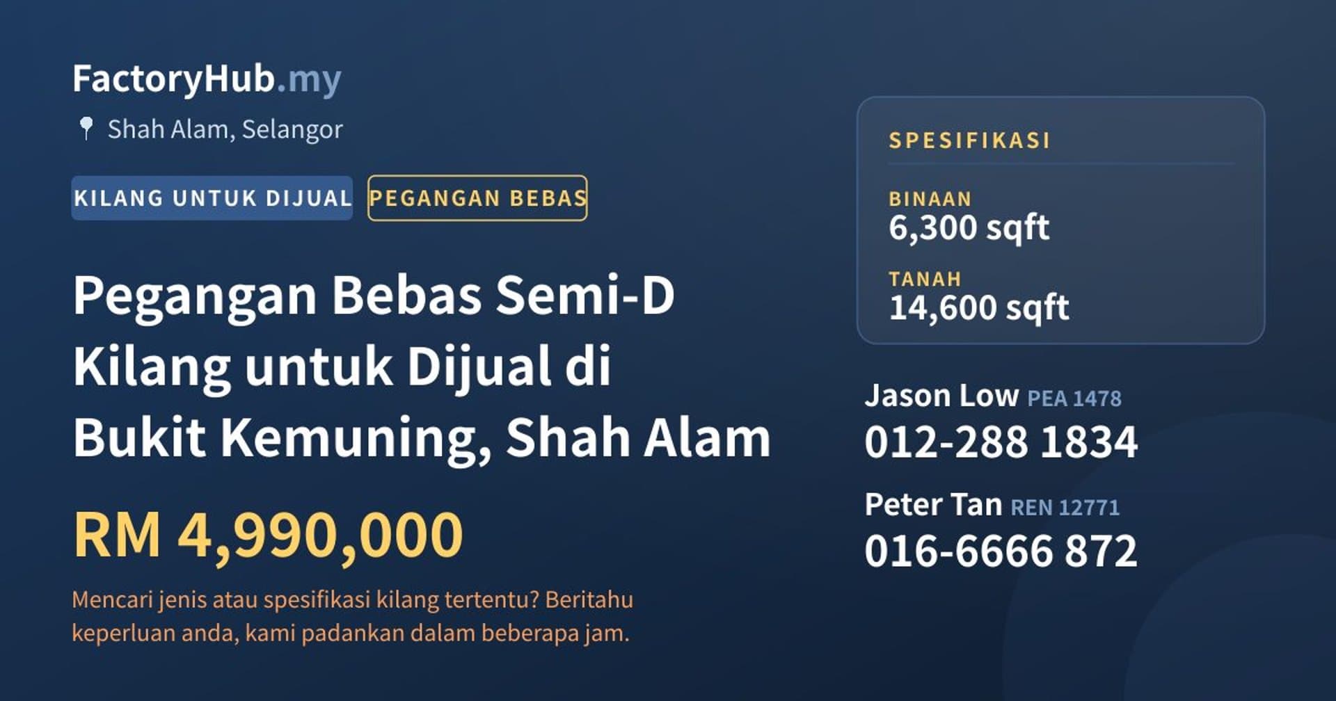 Pegangan Bebas Semi-D Kilang untuk Dijual di Bukit Kemuning, Shah Alam · Imej hartanah 1/2
