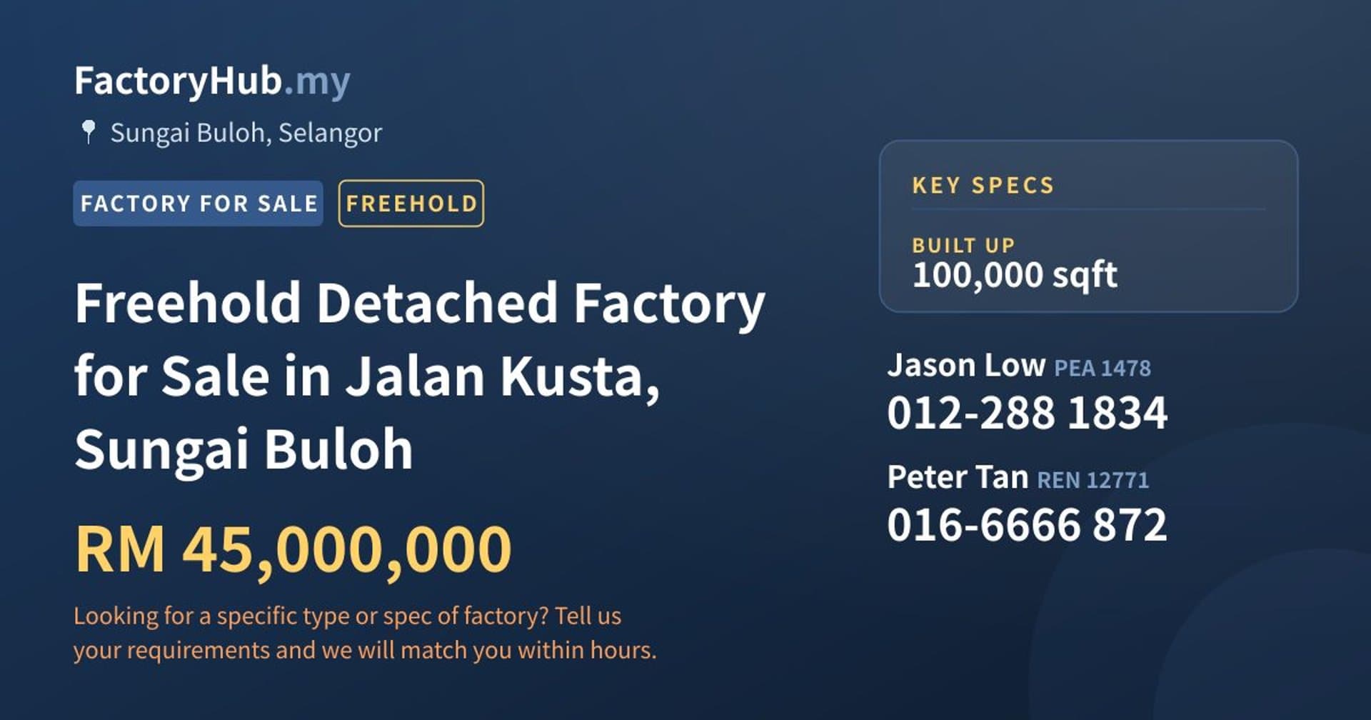 Freehold Detached Factory for Sale in Jalan Kusta, Sungai Buloh - Property image 1 of 2