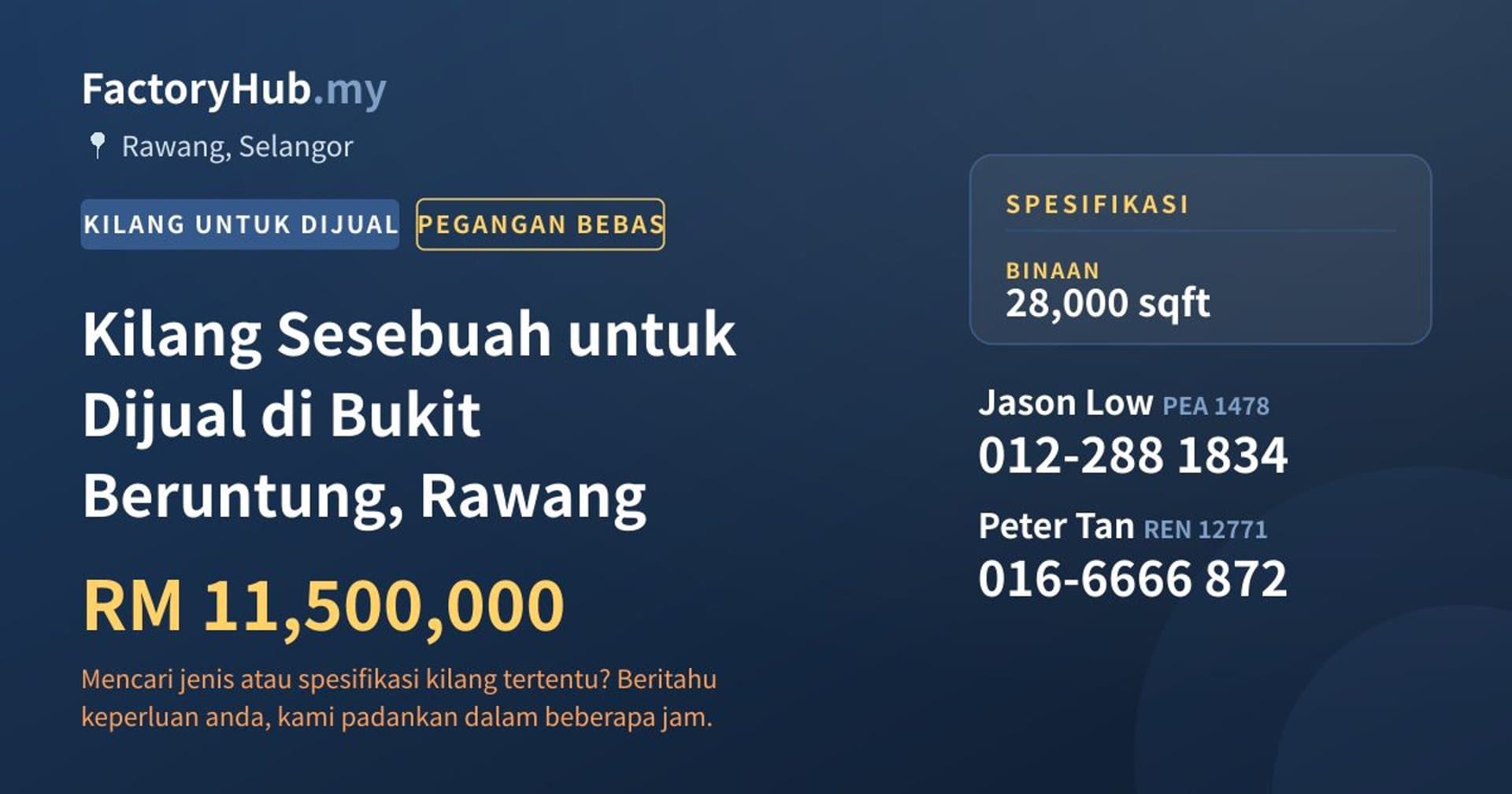 Kilang Sesebuah untuk Dijual di Bukit Beruntung, Rawang · Imej hartanah 1/2