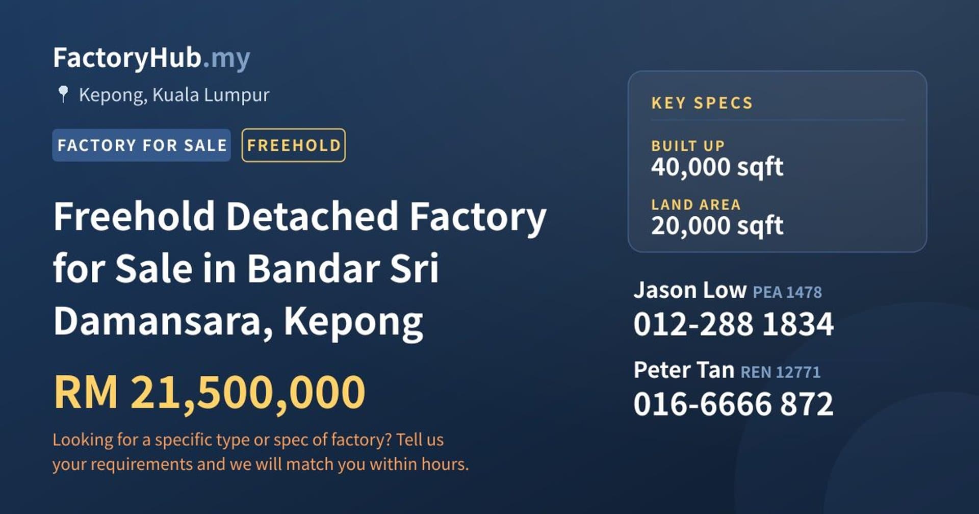 Freehold Detached Factory for Sale in Bandar Sri Damansara, Kepong - Property image 1 of 2
