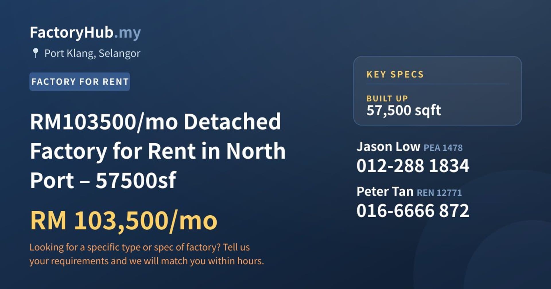 RM103500/mo Detached Factory for Rent in North Port – 57500sf - Property image 1 of 6