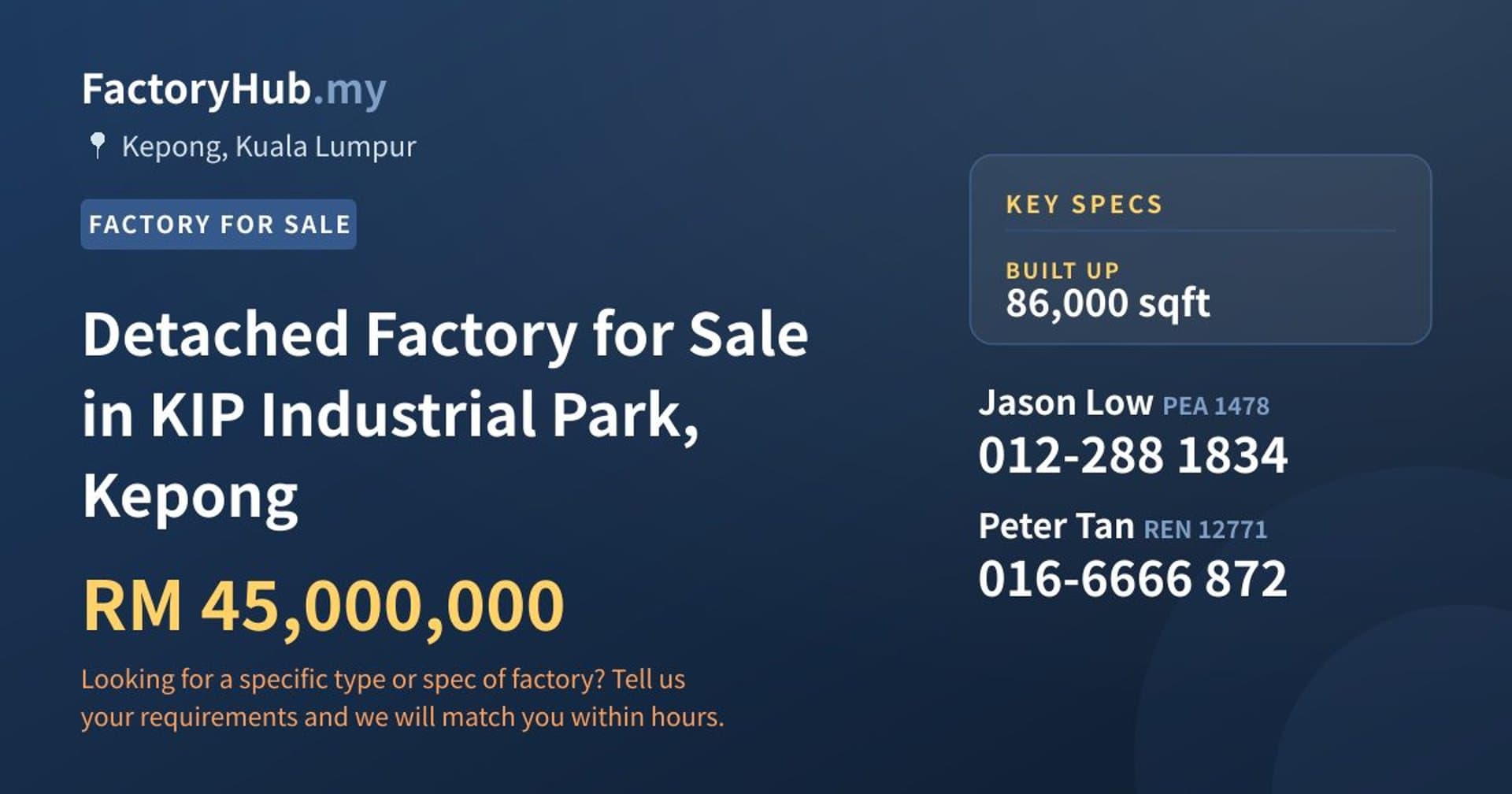 Detached Factory for Sale in KIP Industrial Park, Kepong - Property image 1 of 2