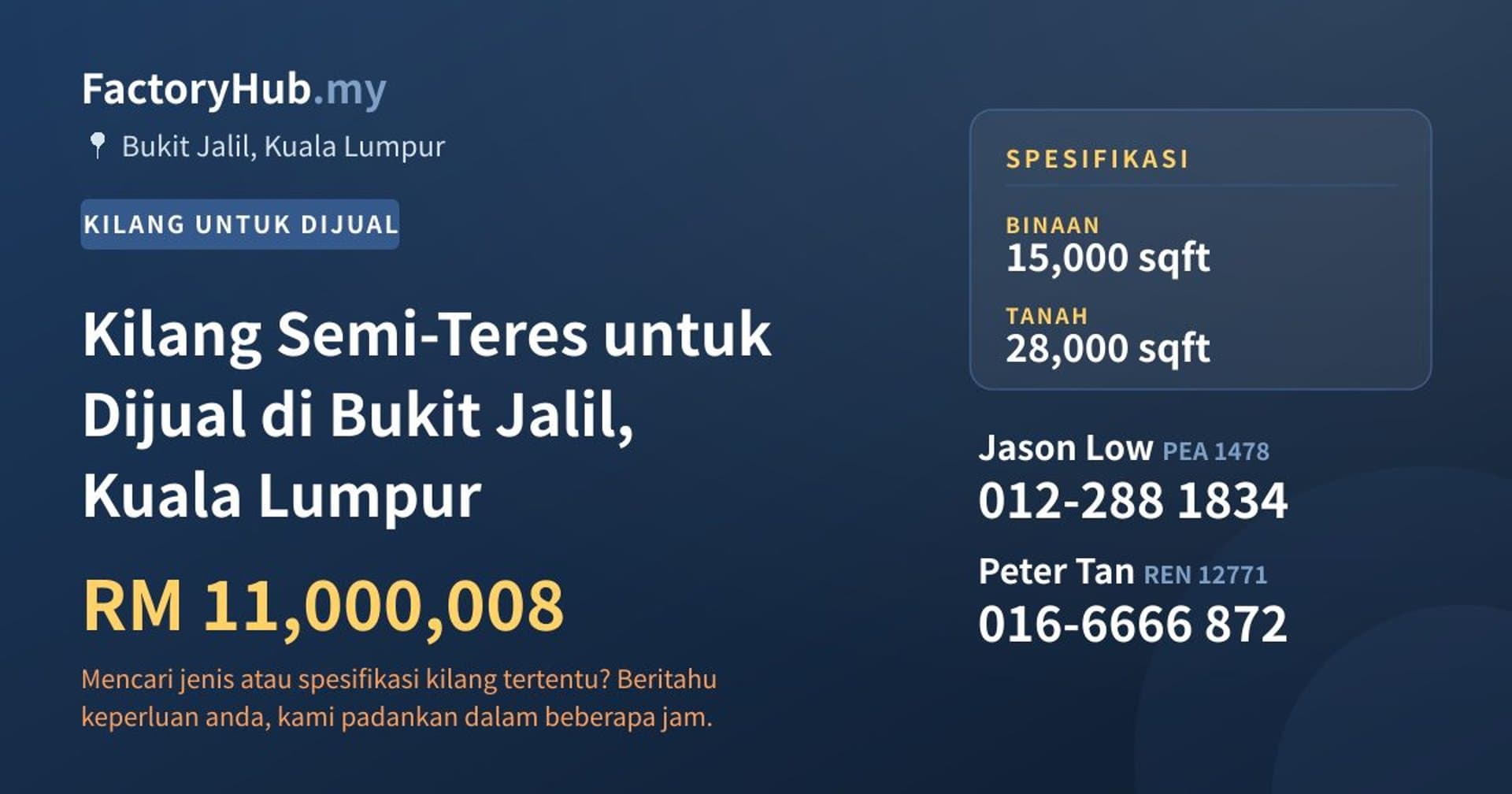 Kilang Semi-Teres untuk Dijual di Bukit Jalil, Kuala Lumpur · Imej hartanah 1/2