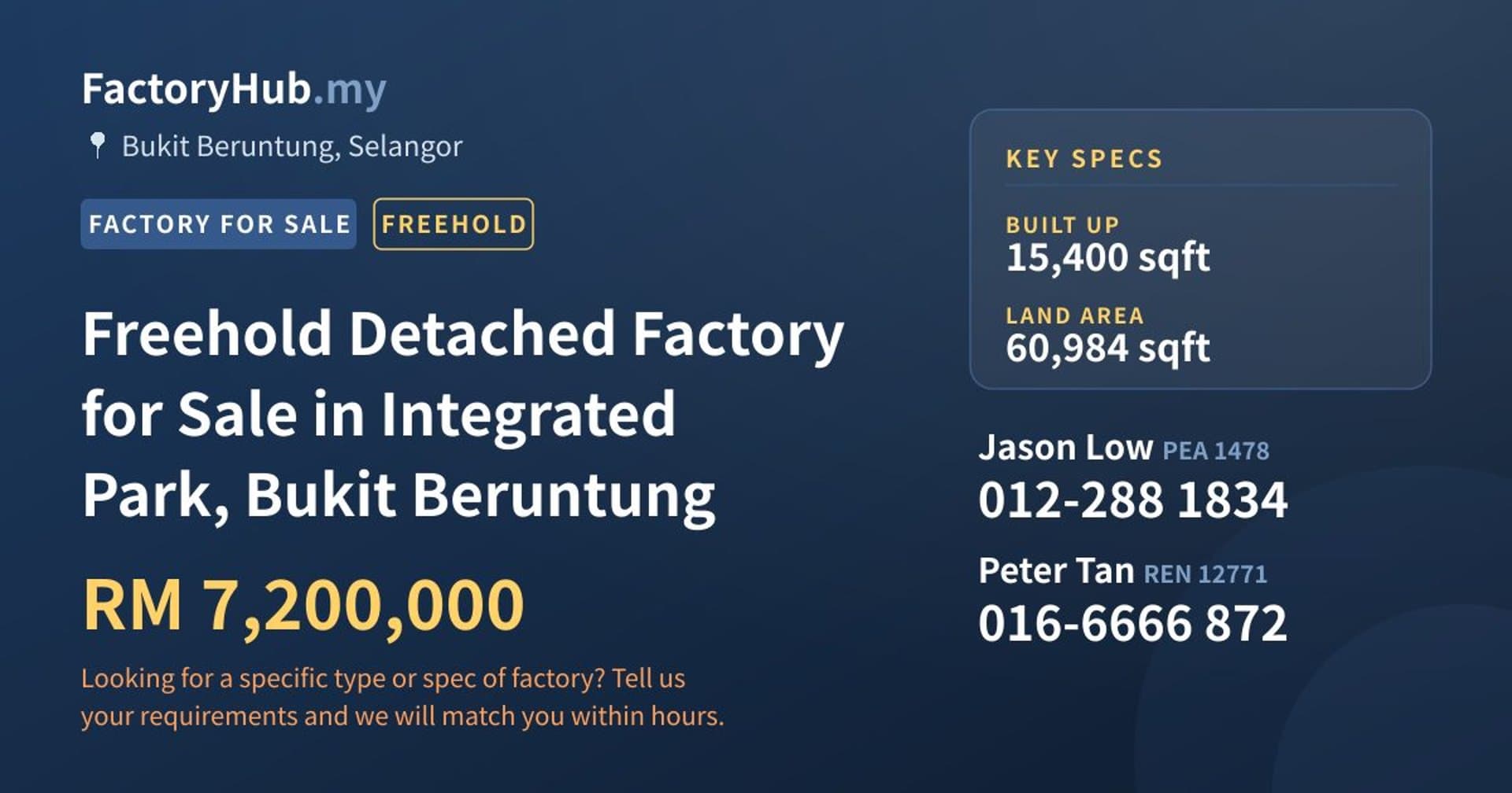 Freehold Detached Factory for Sale in Integrated Park, Bukit Beruntung - Property image 1 of 2
