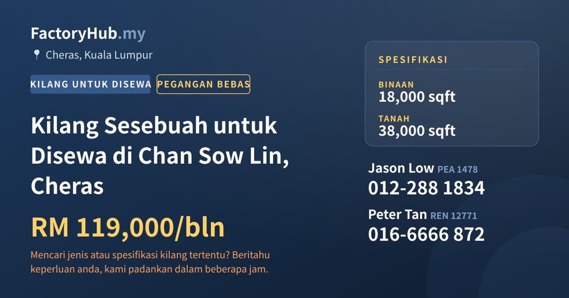 Kilang Sesebuah untuk Disewa di Chan Sow Lin, Cheras · Imej hartanah 1/2