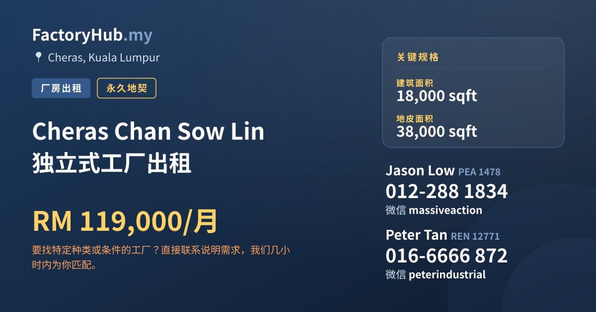 Cheras Chan Sow Lin 独立式工厂出租 · 房源图片 1/2