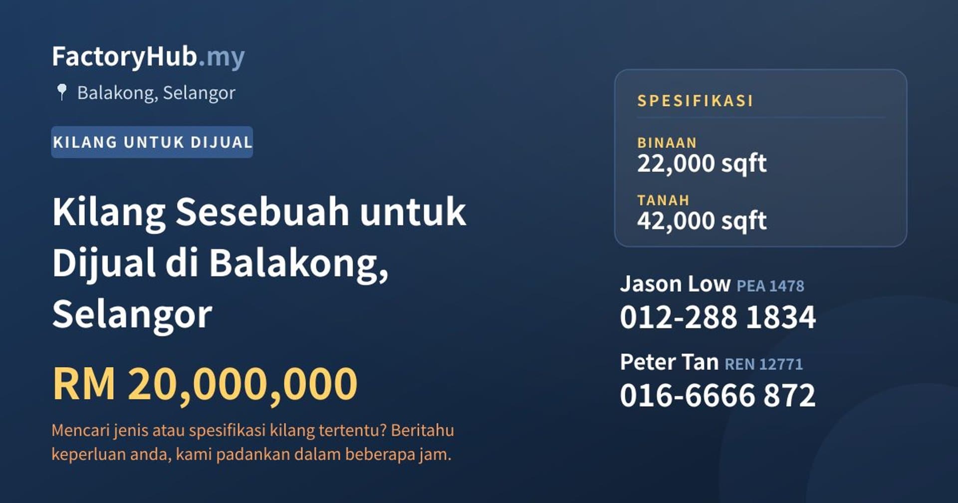 Kilang Sesebuah untuk Dijual di Balakong, Selangor · Imej hartanah 1/2