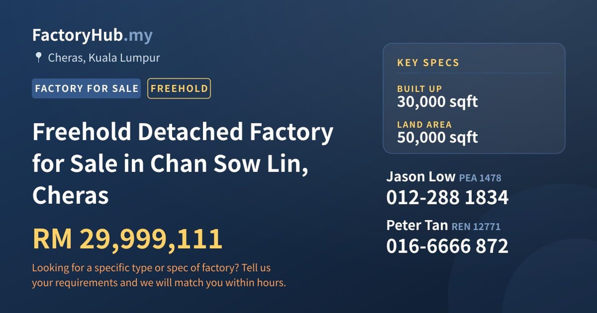 Freehold Detached Factory for Sale in Chan Sow Lin, Cheras - Property image 1 of 2
