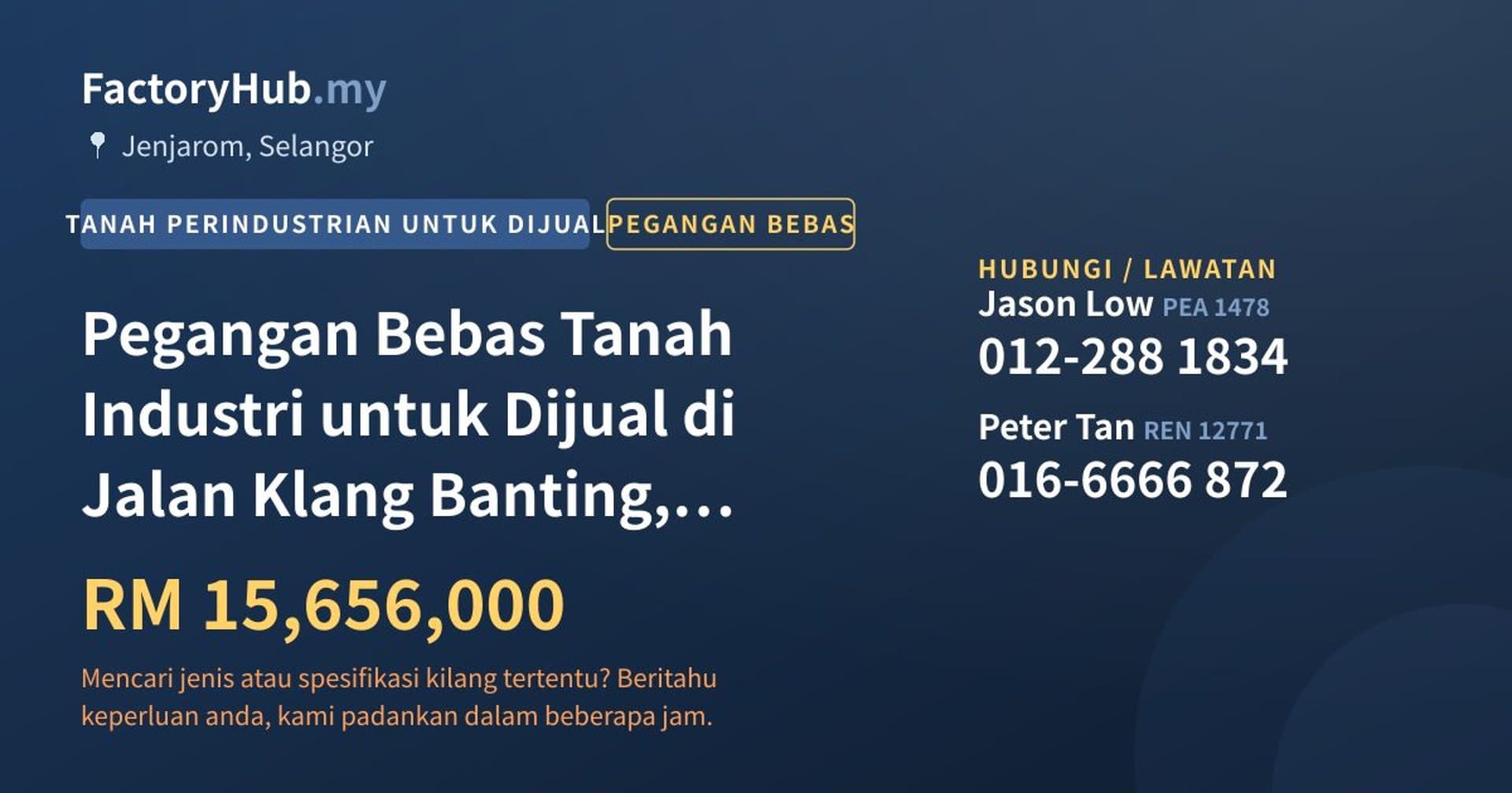 Pegangan Bebas Tanah Industri untuk Dijual di Jalan Klang Banting, Jenjarom · Imej hartanah 1/2