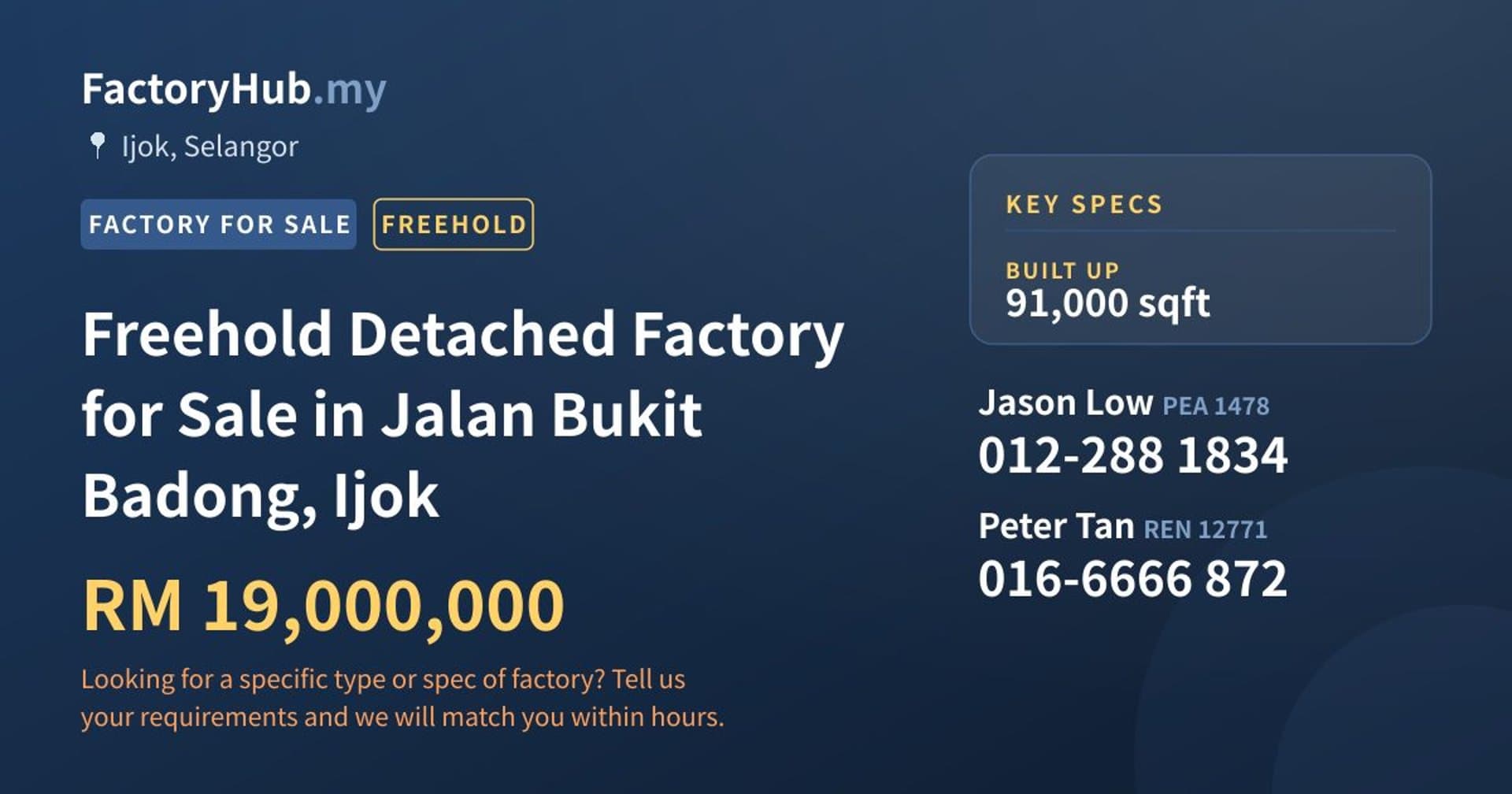 Freehold Detached Factory for Sale in Jalan Bukit Badong, Ijok - Property image 1 of 2