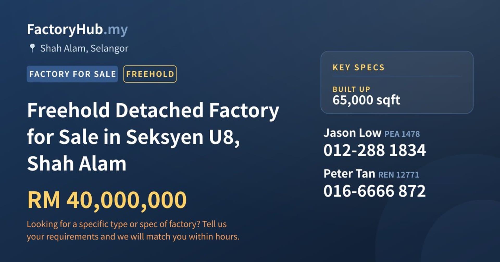 Freehold Detached Factory for Sale in Seksyen U8, Shah Alam - Property image 1 of 2