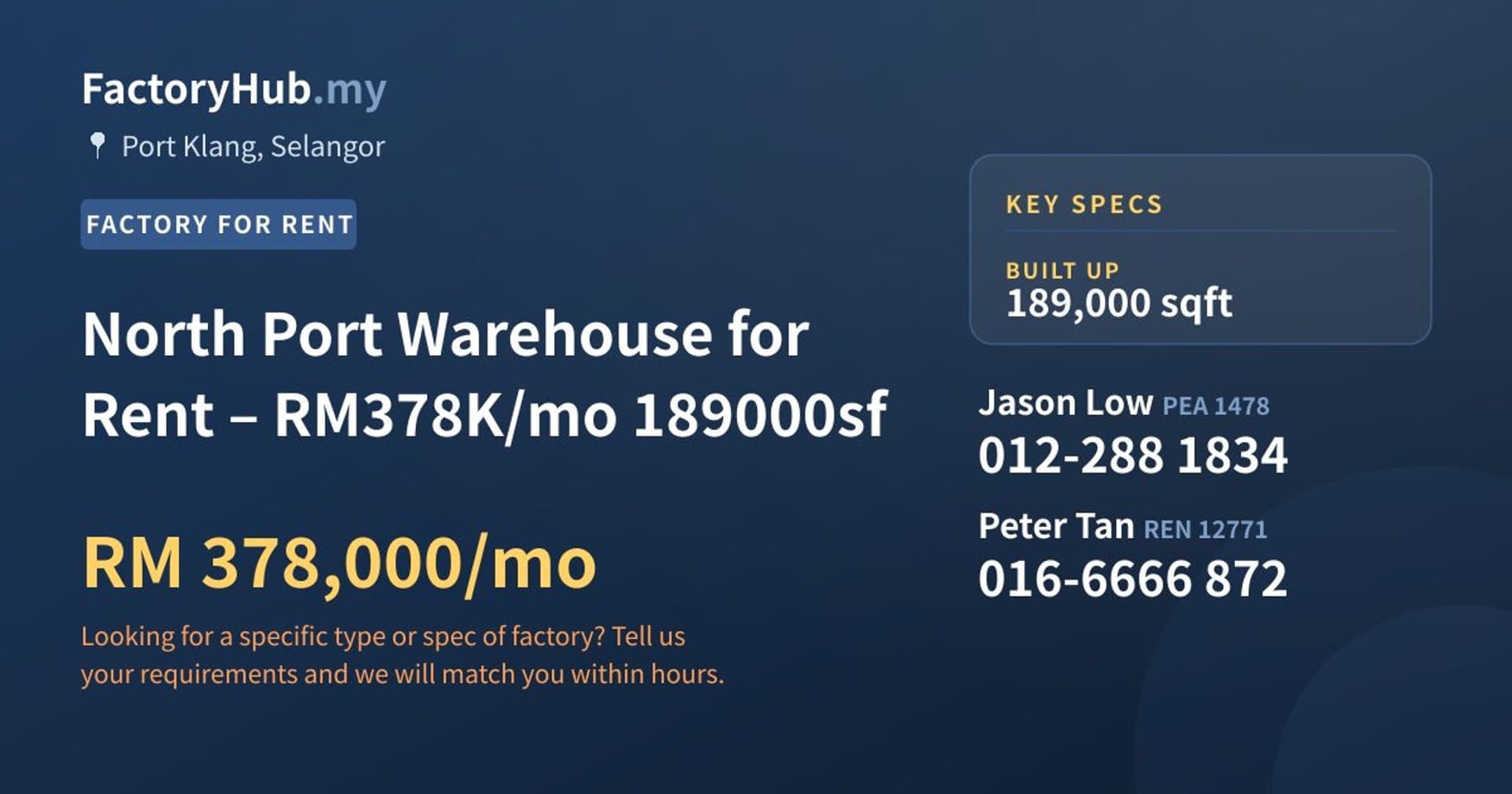 North Port Warehouse for Rent – RM378K/mo 189000sf - Property image 1 of 5