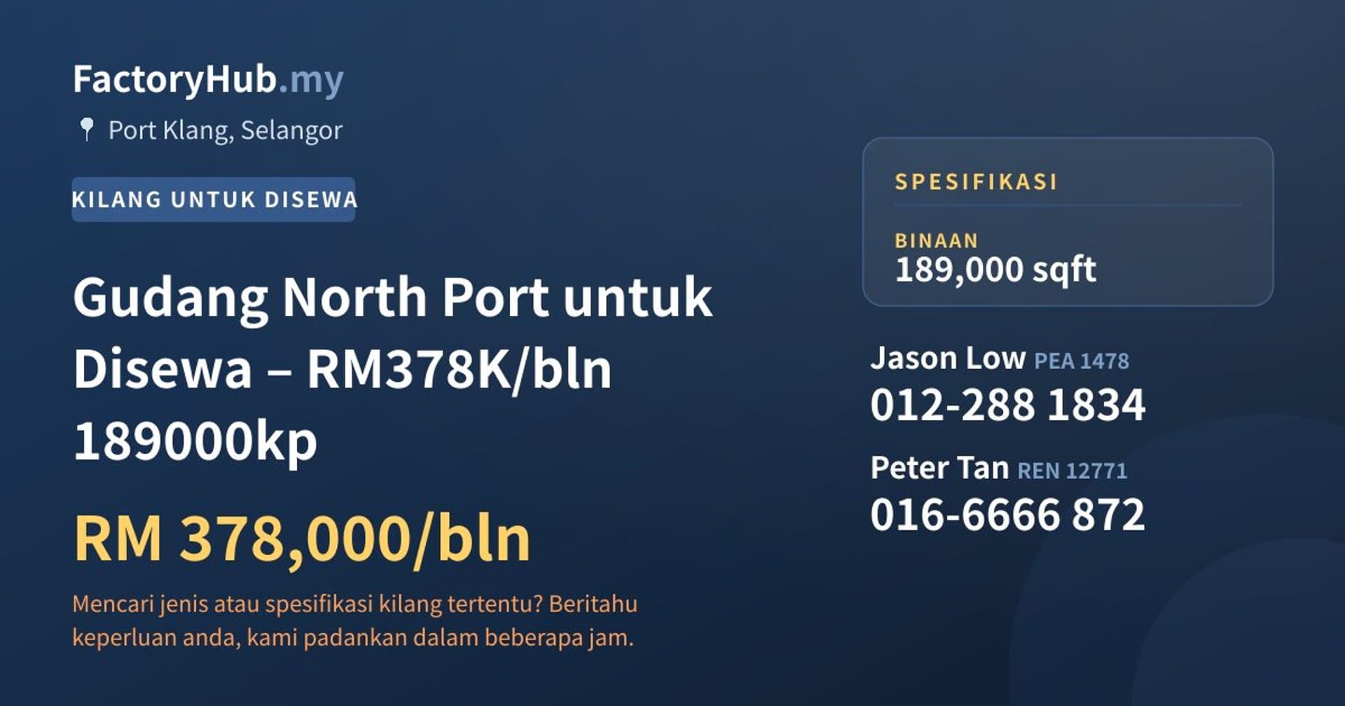Gudang North Port untuk Disewa – RM378K/bln 189000kp · Imej hartanah 1/5