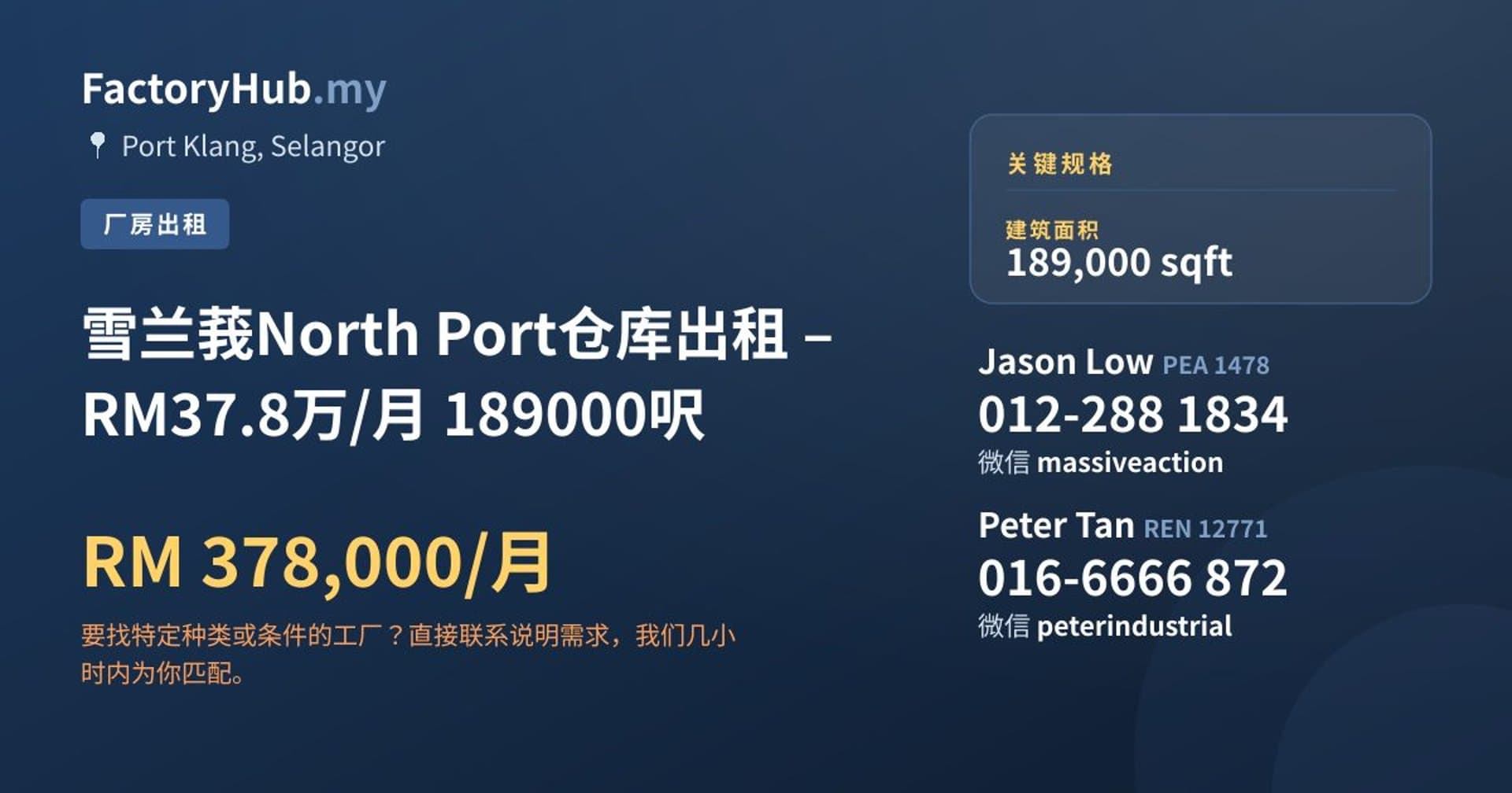 雪兰莪North Port仓库出租 – RM37.8万/月 189000呎 · 房源图片 1/5