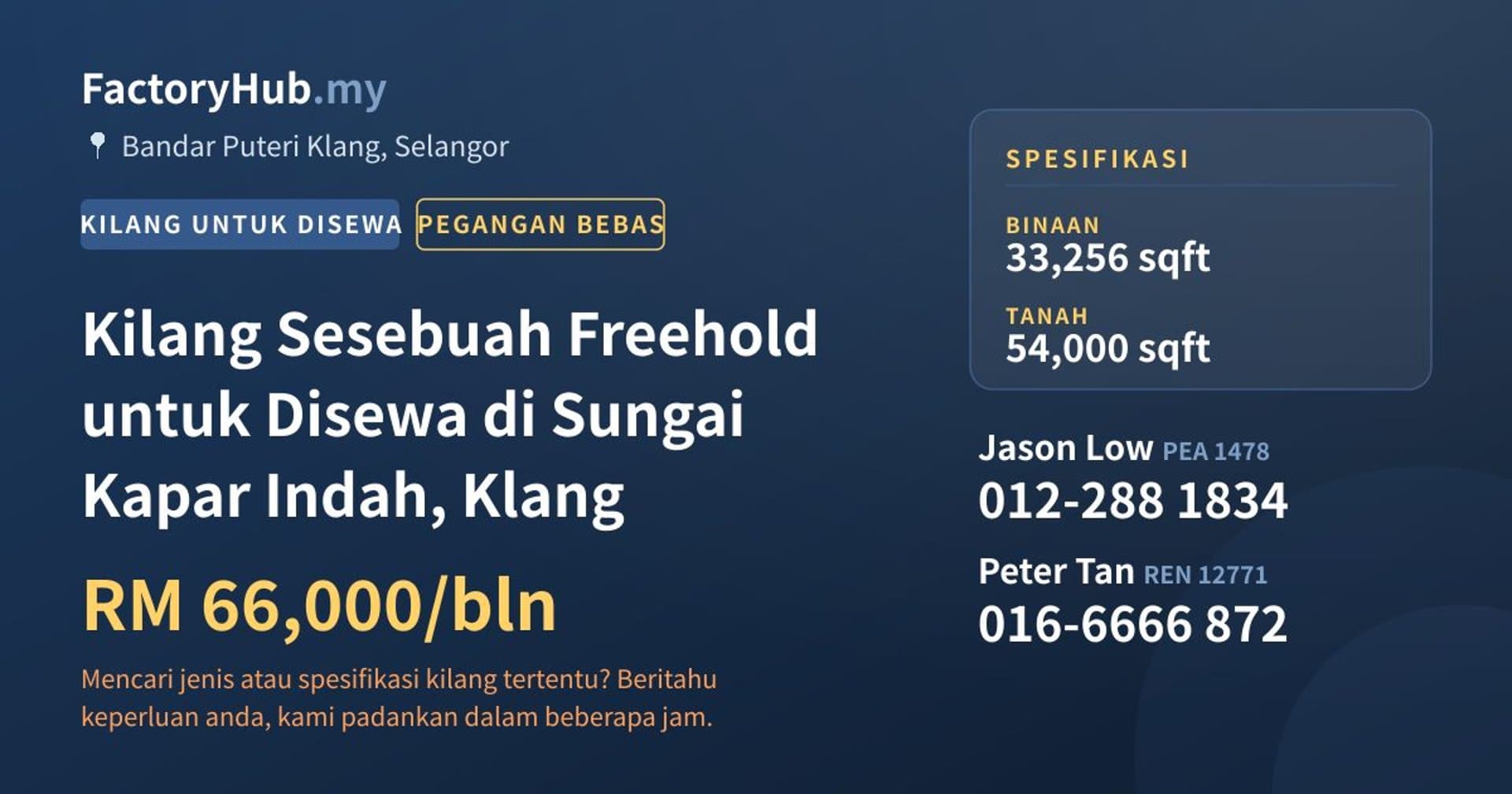 Kilang Sesebuah Freehold untuk Disewa di Sungai Kapar Indah, Klang · Imej hartanah 1/2