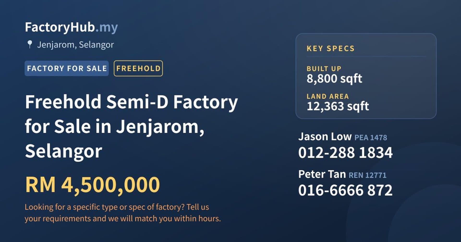 Freehold Semi-D Factory for Sale in Jenjarom, Selangor - Property image 1 of 2