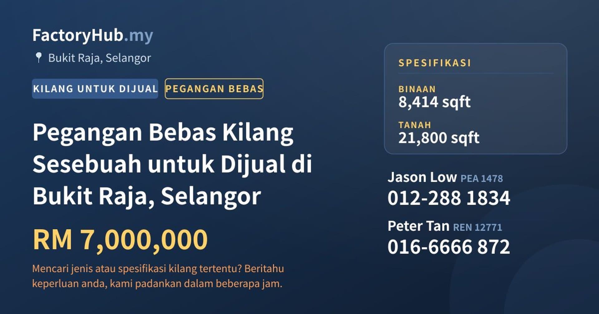 Pegangan Bebas Kilang Sesebuah untuk Dijual di Bukit Raja, Selangor · Imej hartanah 1/2