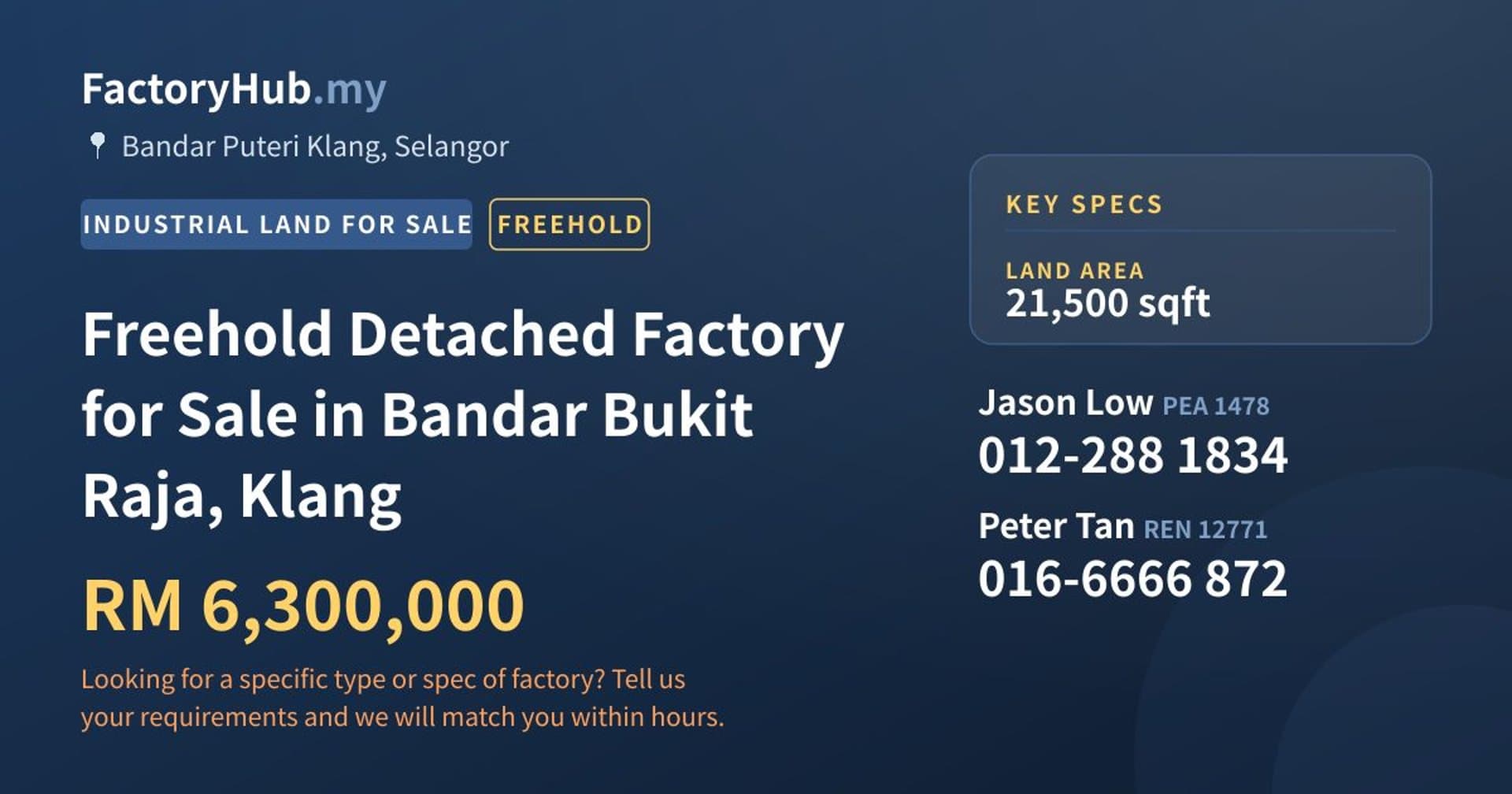 Freehold Detached Factory for Sale in Bandar Bukit Raja, Klang - Property image 1 of 2