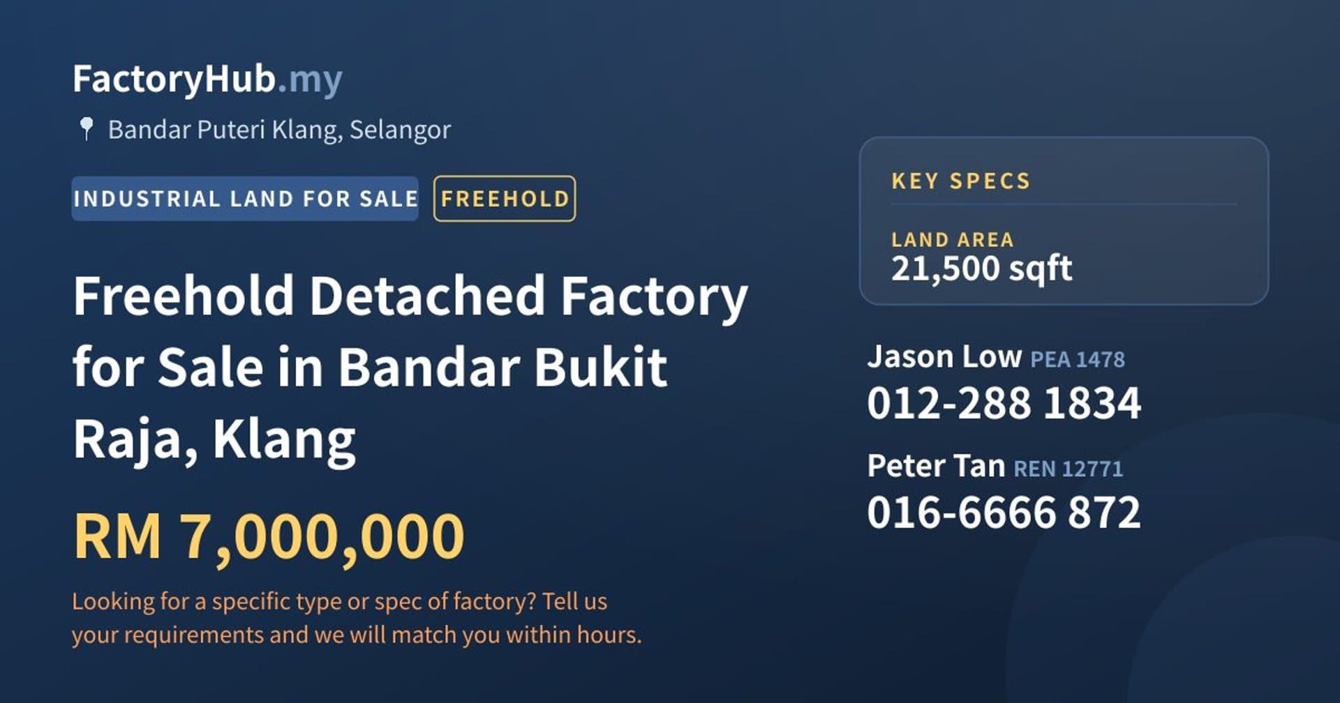 Freehold Detached Factory for Sale in Bandar Bukit Raja, Klang - Property image 1 of 2
