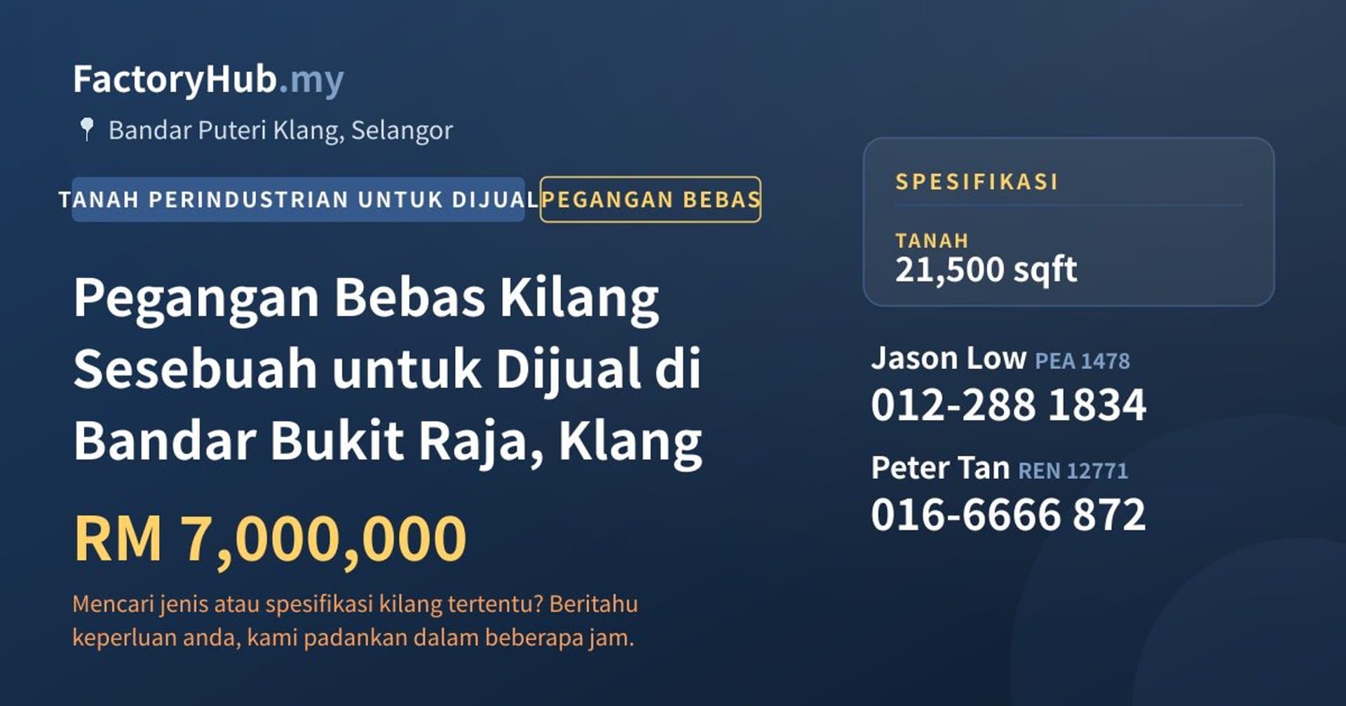 Pegangan Bebas Kilang Sesebuah untuk Dijual di Bandar Bukit Raja, Klang · Imej hartanah 1/2