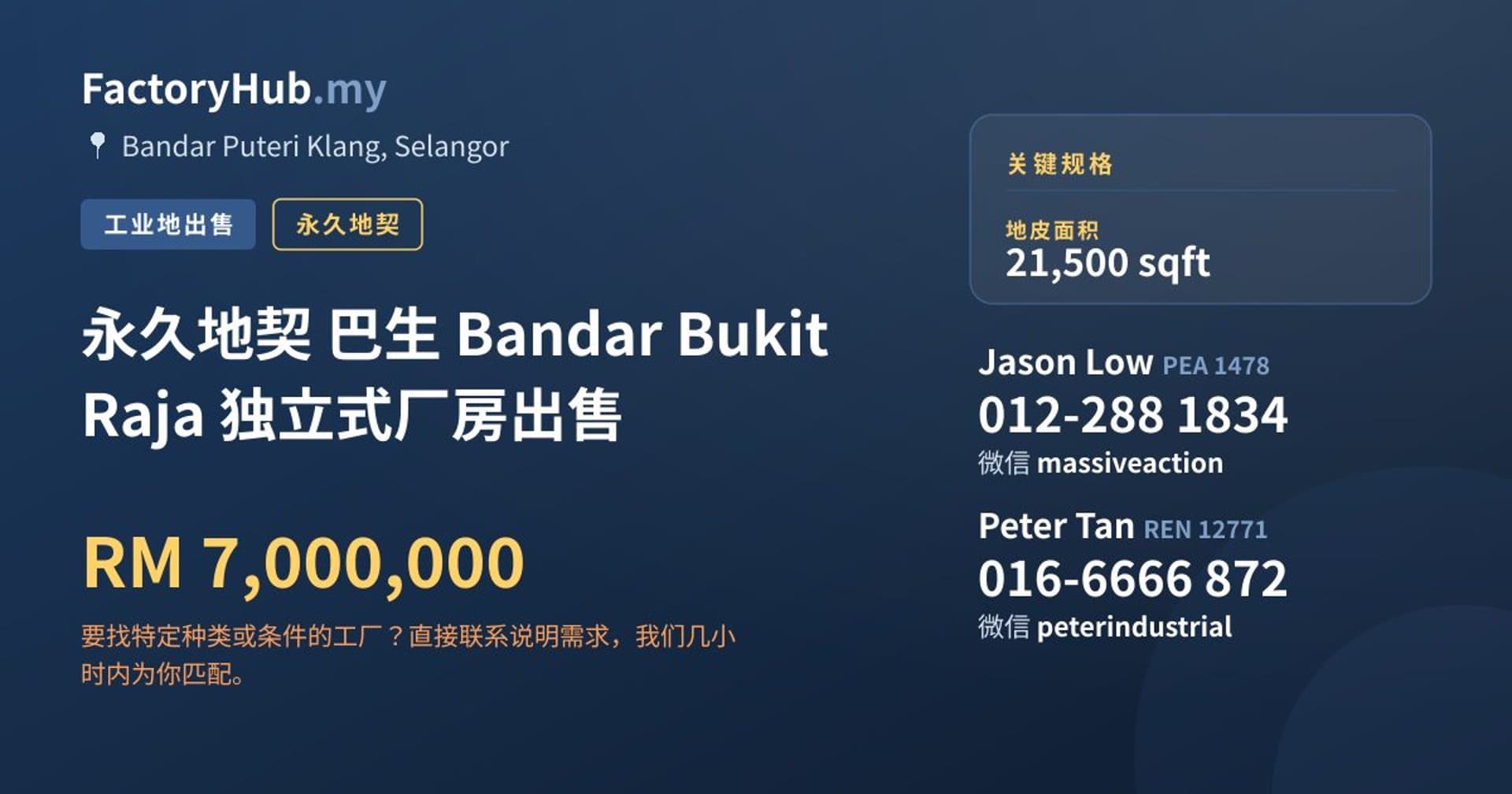 永久地契 巴生 Bandar Bukit Raja 独立式厂房出售 · 房源图片 1/2