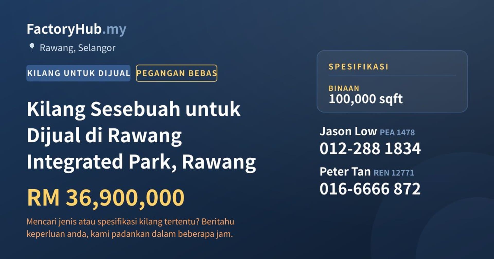 Kilang Sesebuah untuk Dijual di Rawang Integrated Park, Rawang · Imej hartanah 1/2