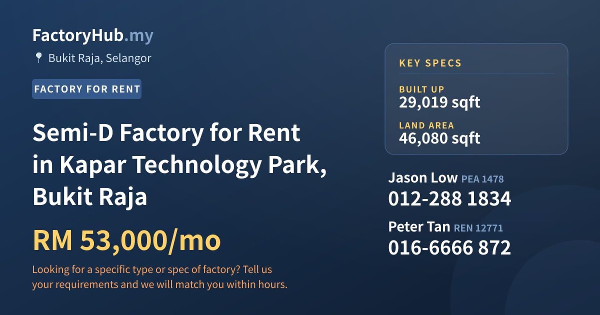 Semi-D Factory for Rent in Kapar Technology Park, Bukit Raja - Property image 1 of 2