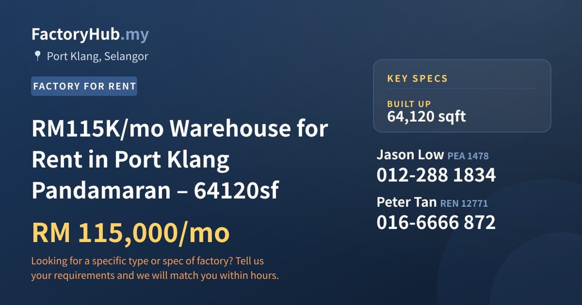 RM115K/mo Warehouse for Rent in Port Klang Pandamaran – 64120sf - Property image 1 of 6