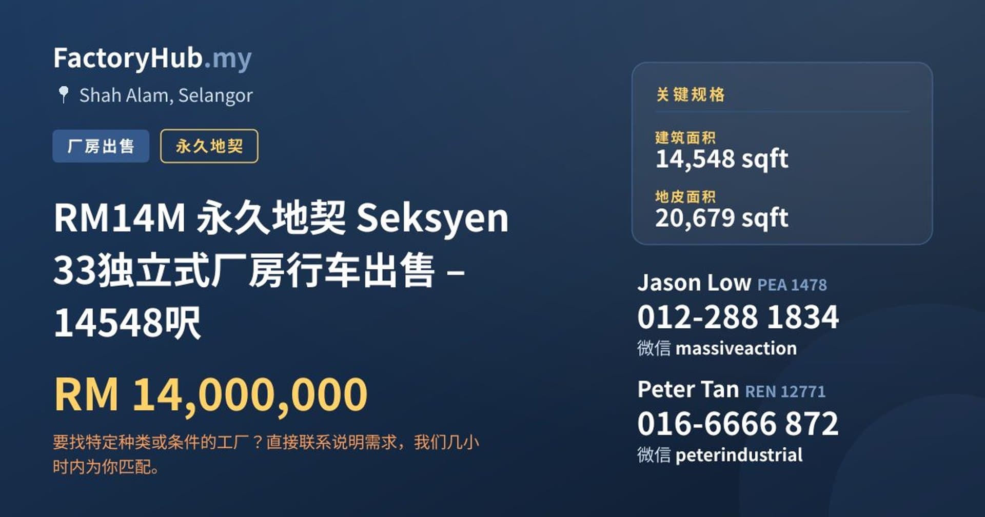 RM14M 永久地契 Seksyen 33独立式厂房行车出售 – 14548呎 · 房源图片 1/7