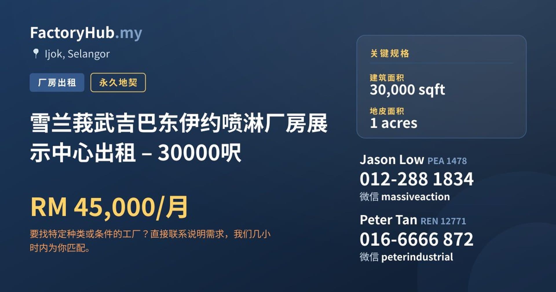 雪兰莪武吉巴东伊约喷淋厂房展示中心出租 – 30000呎 · 房源图片 1/7