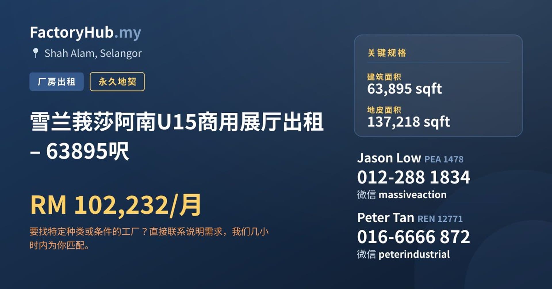 雪兰莪莎阿南U15商用展厅出租 – 63895呎 · 房源图片 1/7