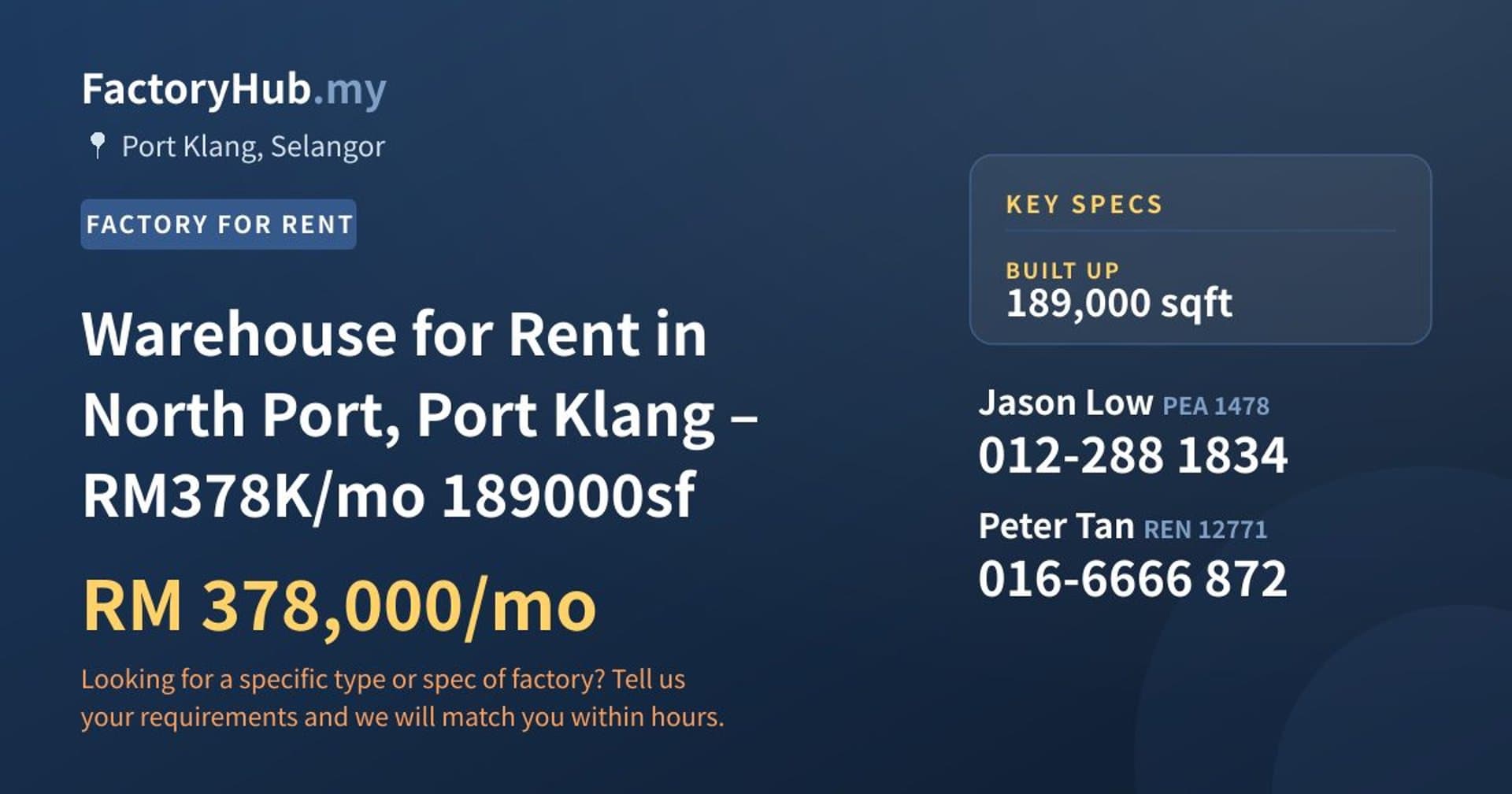 Warehouse for Rent in North Port, Port Klang – RM378K/mo 189000sf - Property image 1 of 5