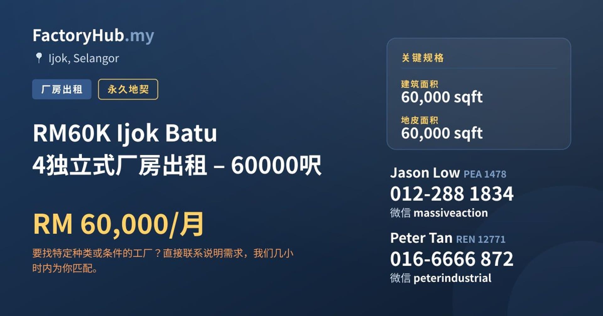 RM60K Ijok Batu 4独立式厂房出租 – 60000呎 · 房源图片 1/7