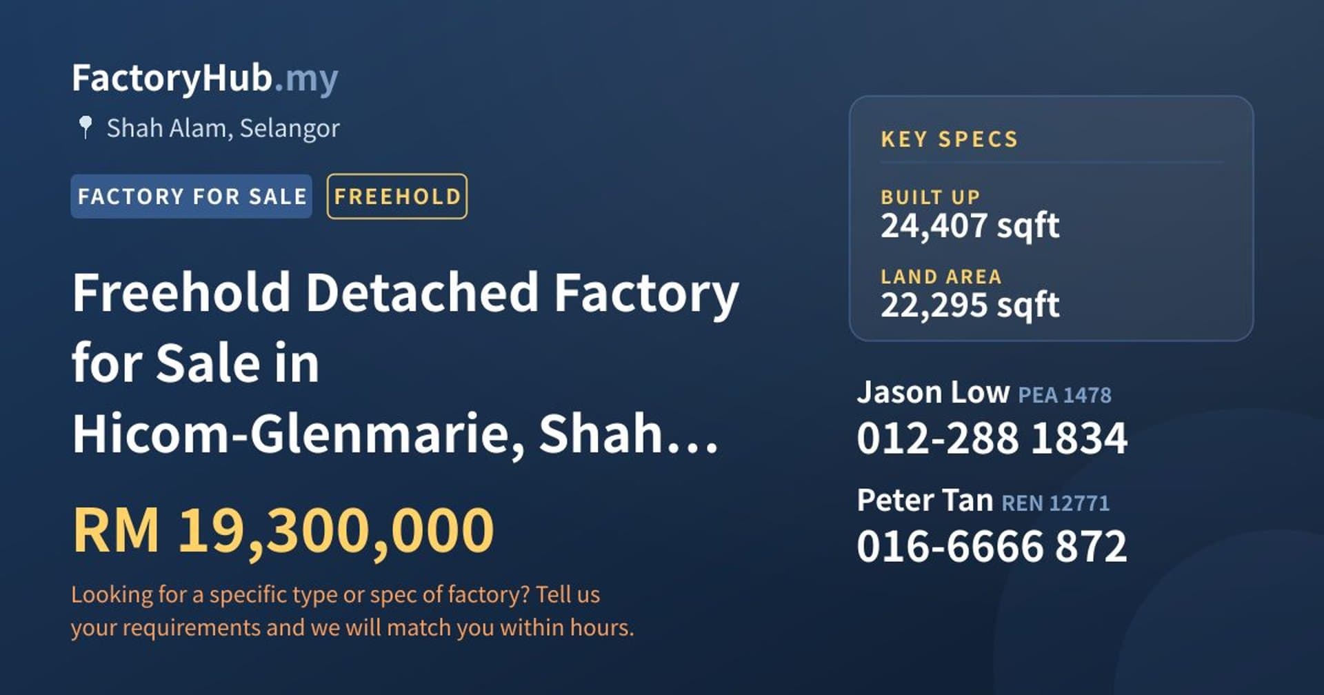Freehold Detached Factory for Sale in Hicom-Glenmarie, Shah Alam - Property image 1 of 2