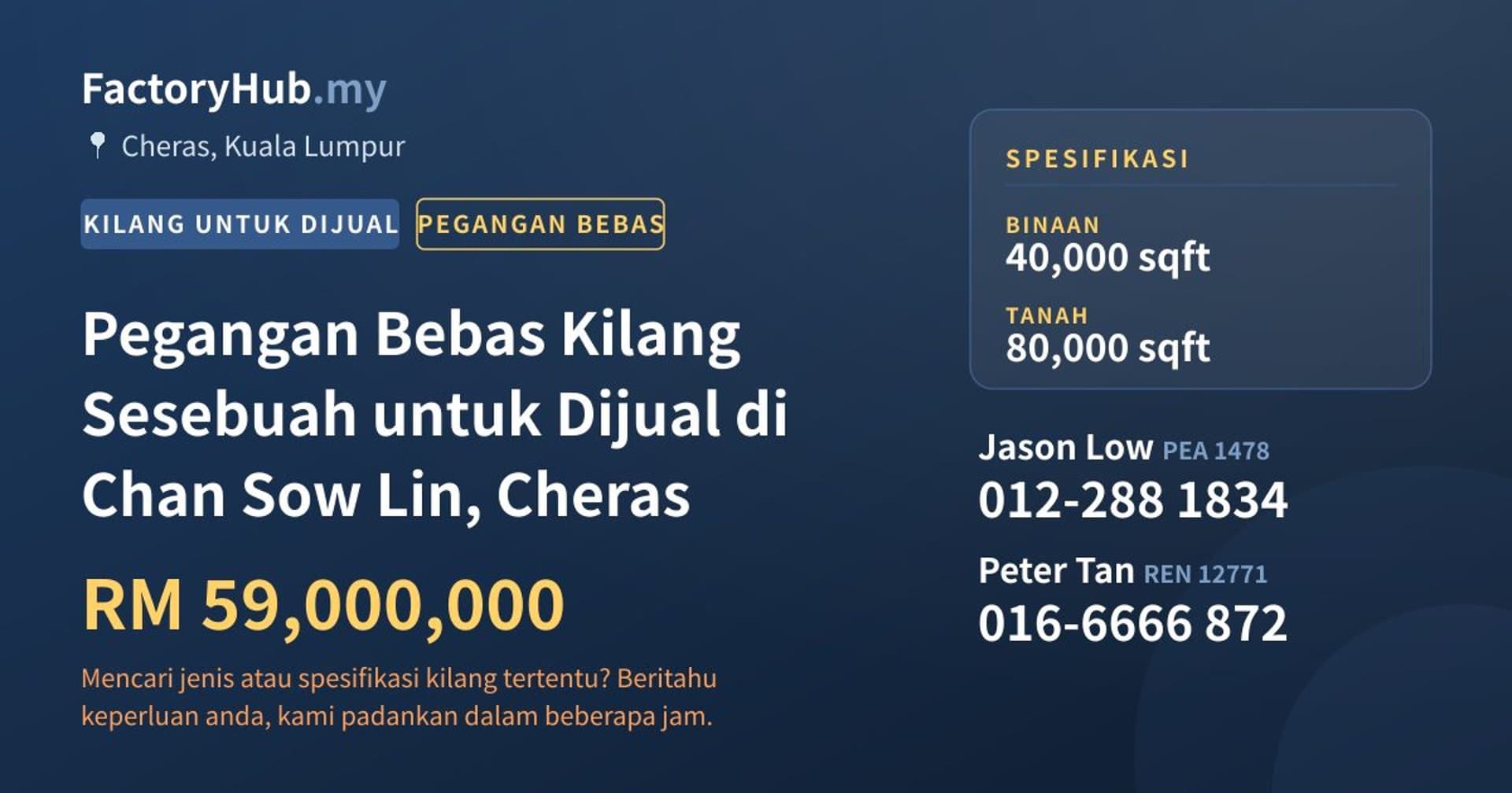 Pegangan Bebas Kilang Sesebuah untuk Dijual di Chan Sow Lin, Cheras · Imej hartanah 1/2