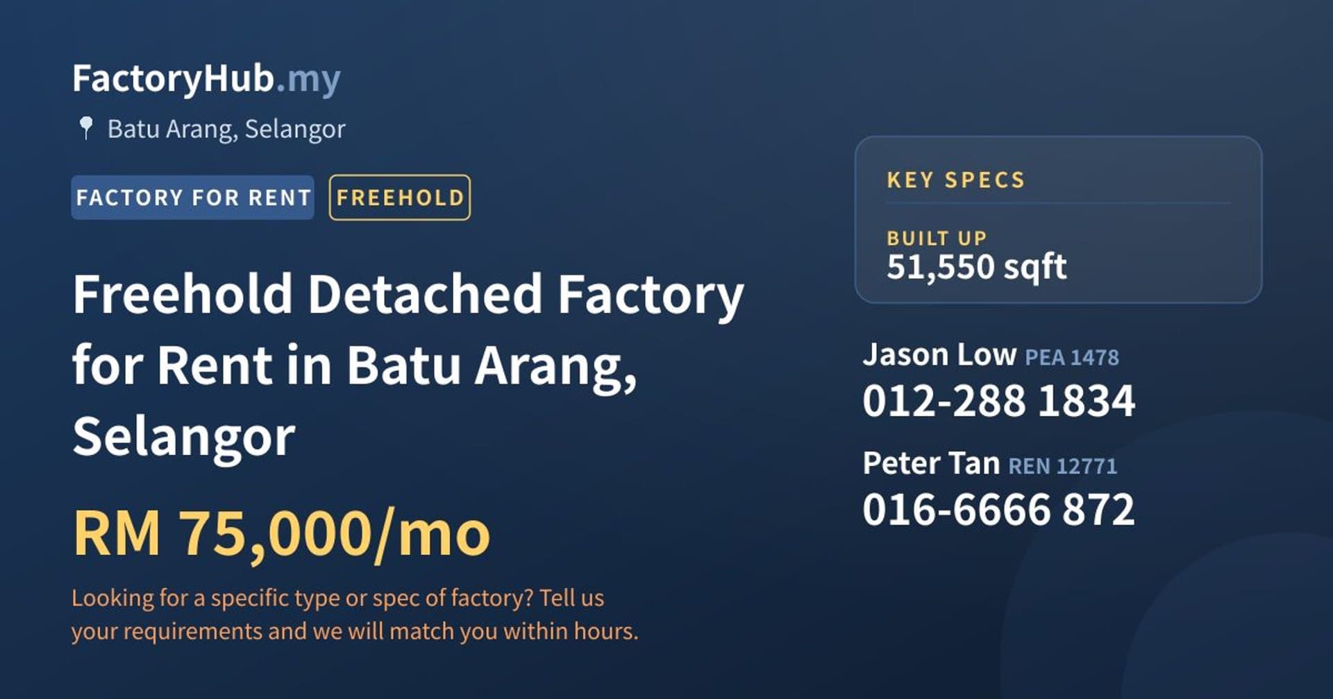 Freehold Detached Factory for Rent in Batu Arang, Selangor - Property image 1 of 2