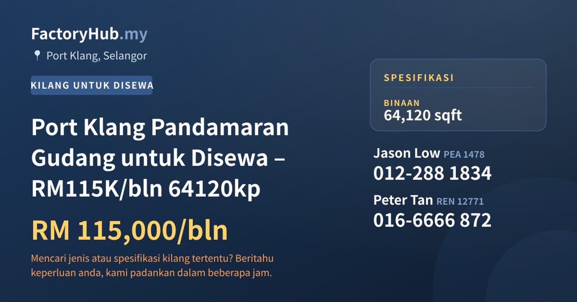Port Klang Pandamaran Gudang untuk Disewa – RM115K/bln 64120kp · Imej hartanah 1/6