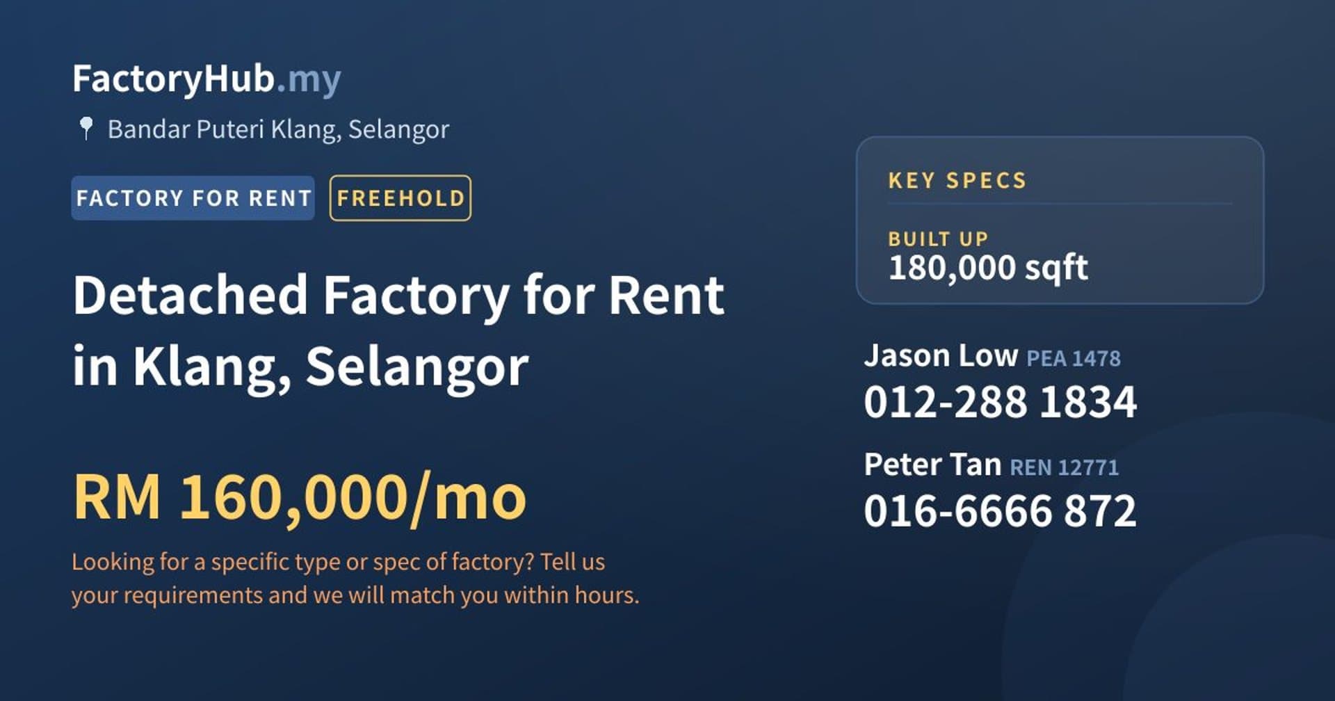 Detached Factory for Rent in Klang, Selangor - Property image 1 of 2